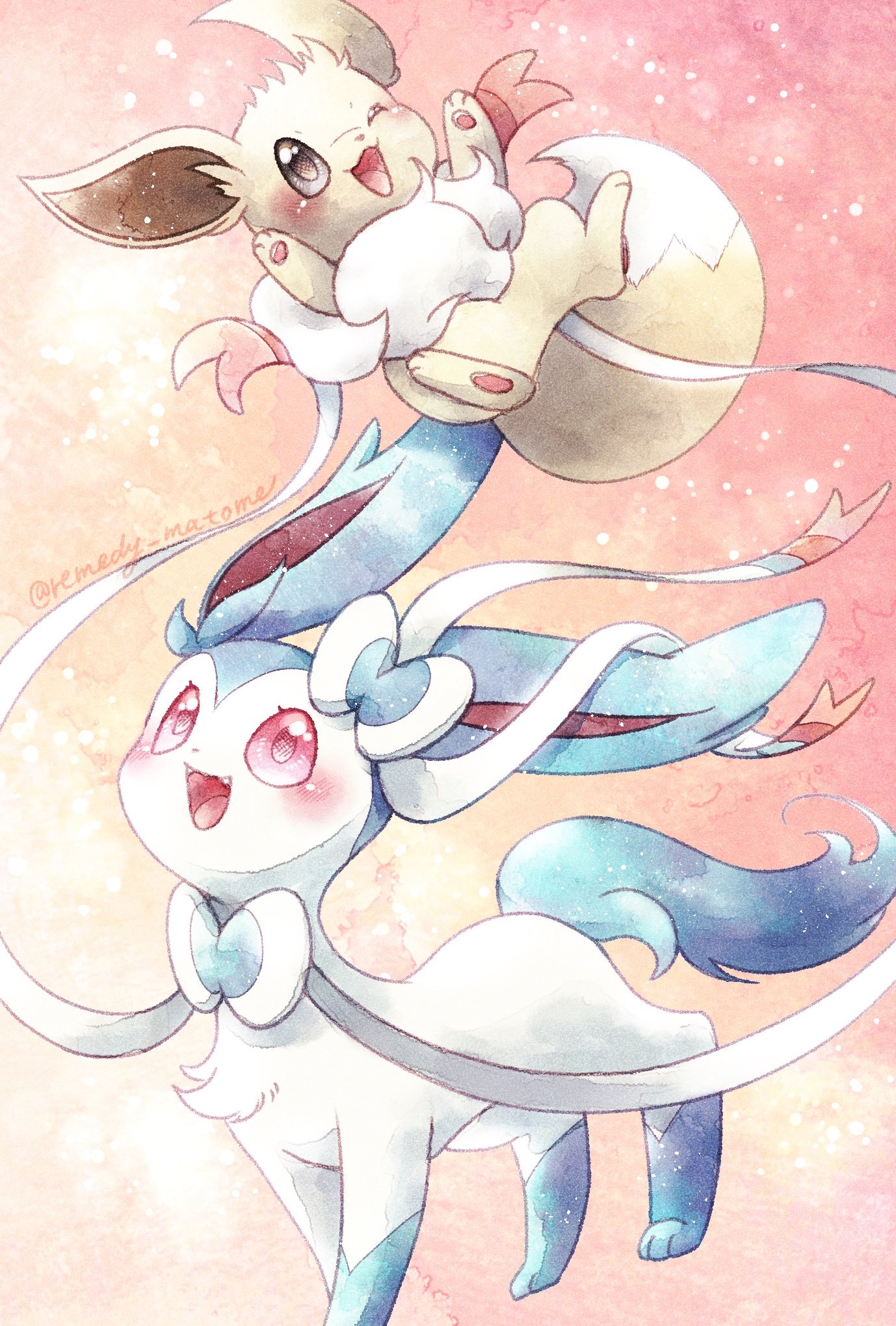 remedy matome, eevee, sylveon, nintendo, pokemon, highres, :d, alternate color, animal focus, animal hands, blue fur, blush, bow, fangs, full body, gen 1 pokemon, gen 6 pokemon, grey eyes, grey fur, holding, neck fur, no humans, one eye closed, open mouth, orange background, pink eyes, pokemon (creature), pokemon focus, ribbon, shiny pokemon, simple background, smile, standing, two-tone fur, white fur