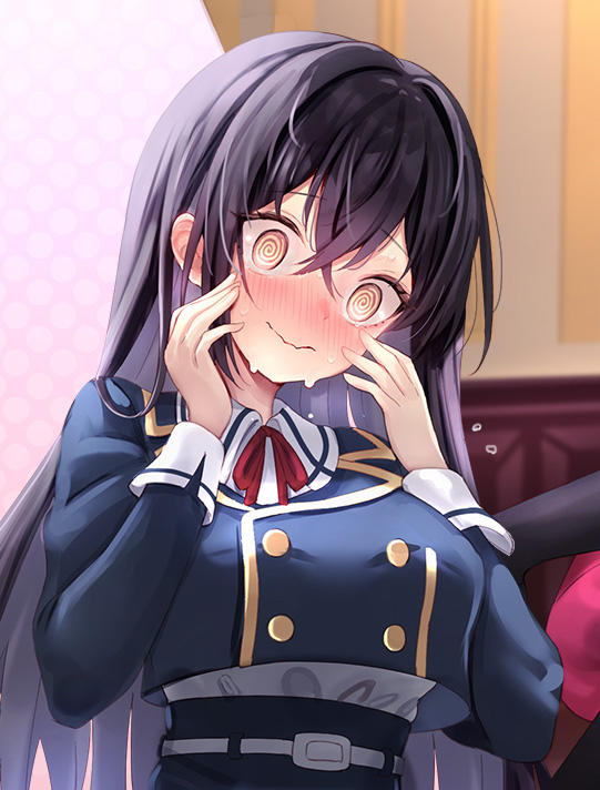 haishiki, commentary request, novel illustration, official art, 1girl, @ @, black hair, blush, brown eyes, danshi kinsei game sekai de ore ga yarubeki yuiitsu no koto yuri no ma ni hasamaru otoko to shite tensei shite shimaimashita, embarrassed, flying sweatdrops, hands on own cheeks, hands on own face, long hair, red ribbon, ribbon, sanjou rei, school uniform, very long hair
