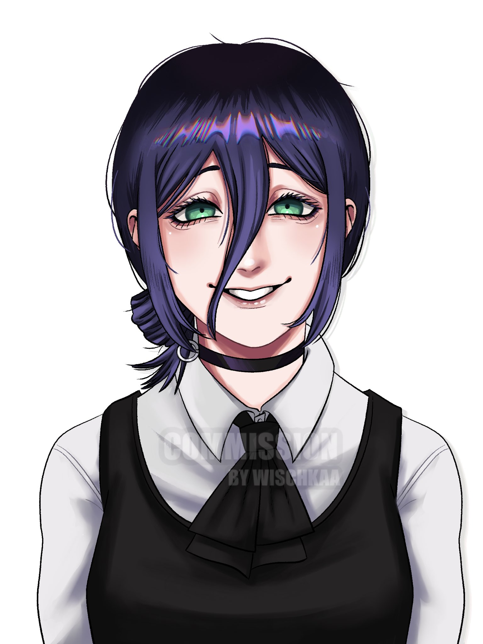 wischkaa, reze (chainsaw man), chainsaw man, commentary, commission, english commentary, highres, 1girl, black choker, black dress, choker, collared shirt, dress, fourth east high school uniform, green eyes, grenade pin, hair between eyes, hair bun, long sleeves, looking at viewer, pinafore dress, purple hair, school uniform, shirt, simple background, sleeveless, sleeveless dress, solo, white background