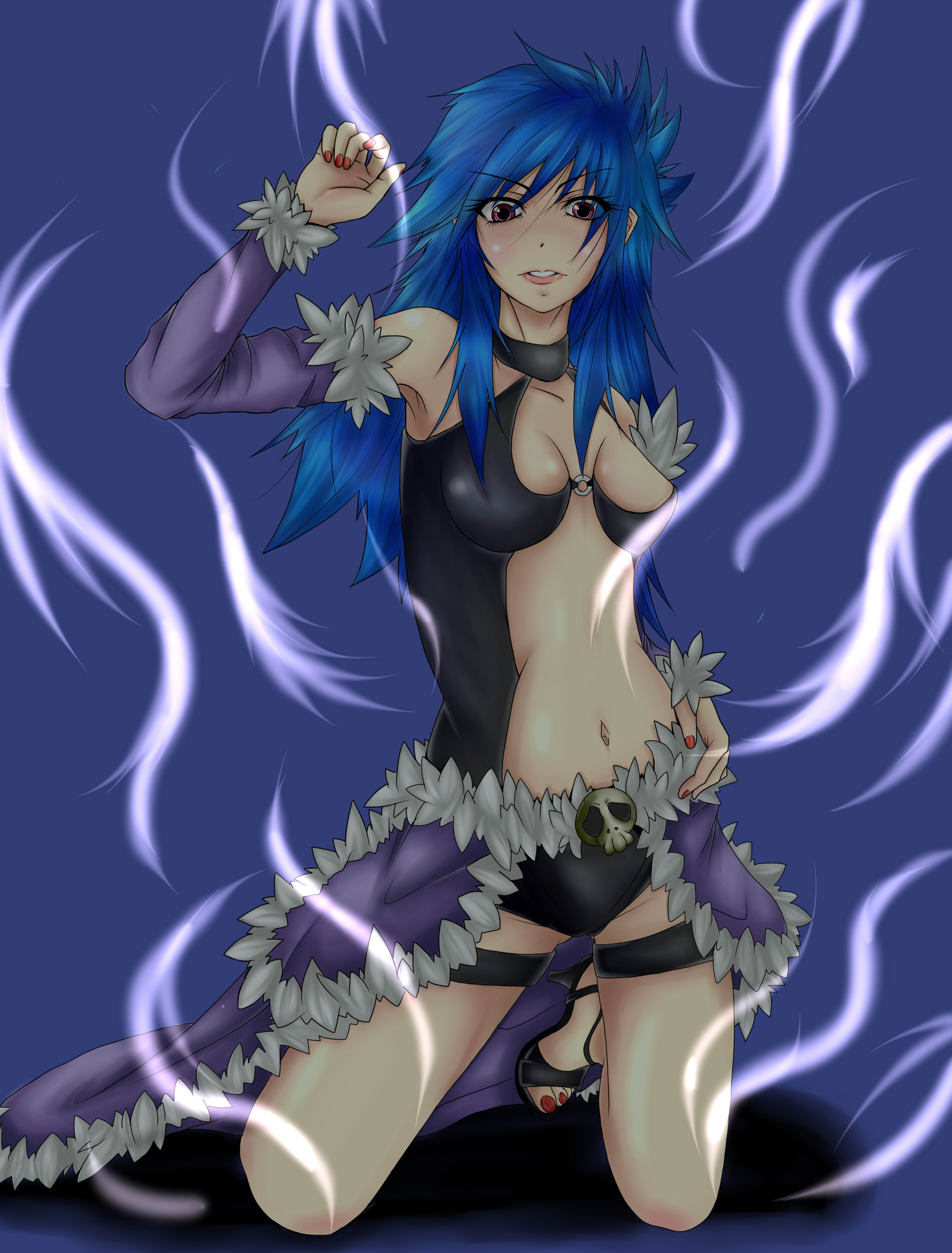 stalker (ragnarok online), ragnarok online, absurdres, commentary request, highres, 1girl, arm up, aura, bio lab, black choker, black sandals, black shorts, black tank top, blue background, blue hair, blush, breasts, brown eyes, cape, choker, clothing cutout, detached sleeves, fingernails, full body, fur-trimmed cape, fur-trimmed sleeves, fur trim, gertie wie, hand on own hip, high heels, kneeling, long hair, looking at viewer, medium breasts, navel, parted lips, purple cape, red nails, sandals, short shorts, shorts, simple background, solo, spiked hair, stomach cutout, tank top, toenails, touyou (fuyuha), waist cape