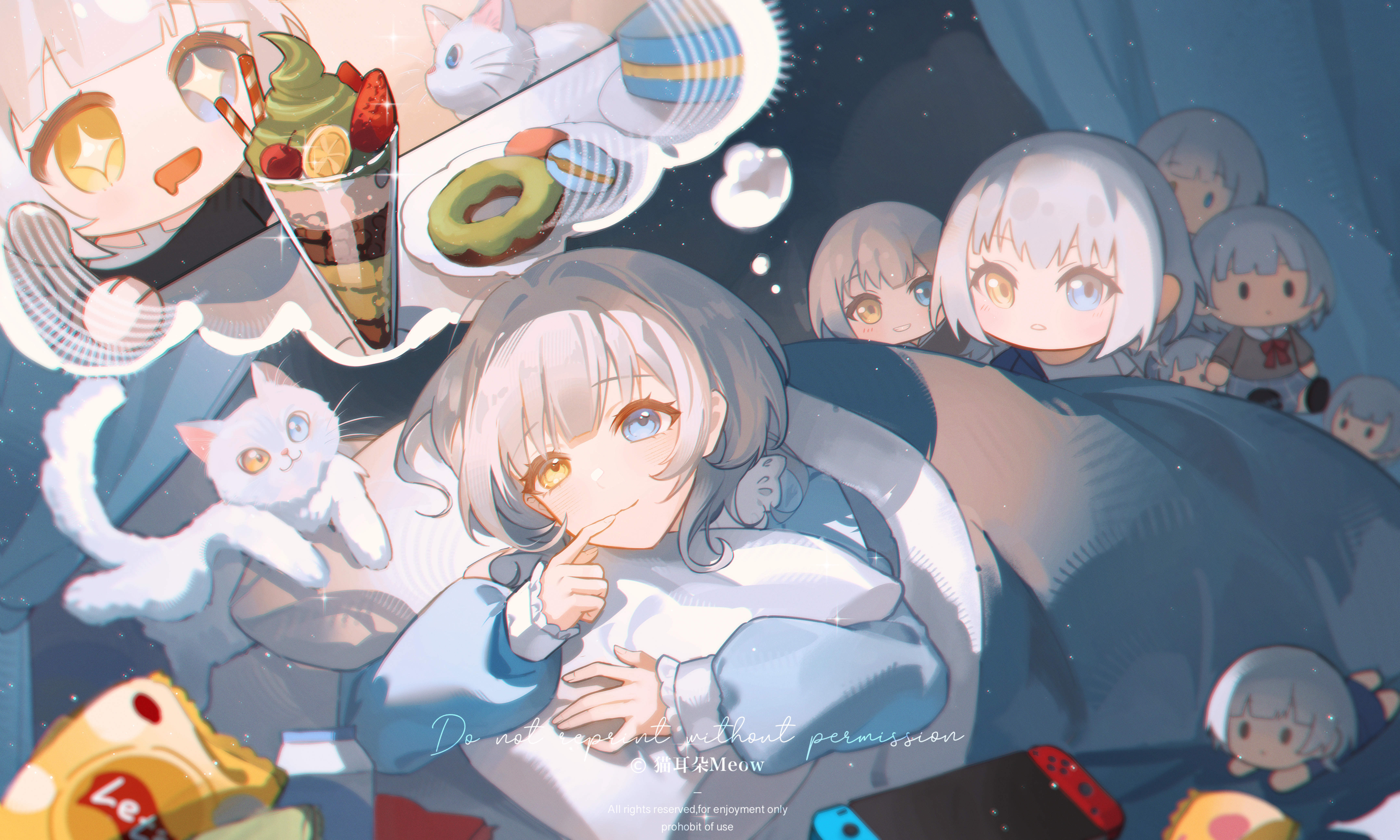 maoerduo meow, kaname raana, bang dream!, bang dream! it's mygo!!!!!, absurdres, chinese commentary, commentary request, highres, 1girl, blue eyes, blush, cat, character doll, chibi, doll, drooling, hanasakigawa school uniform, heterochromia, long sleeves, looking at viewer, matcha (food), matcha parfait, mouth drool, nintendo switch, open mouth, pajamas, raana the cat, school uniform, short hair, star-shaped pupils, star (symbol), symbol-shaped pupils, white hair, yellow eyes