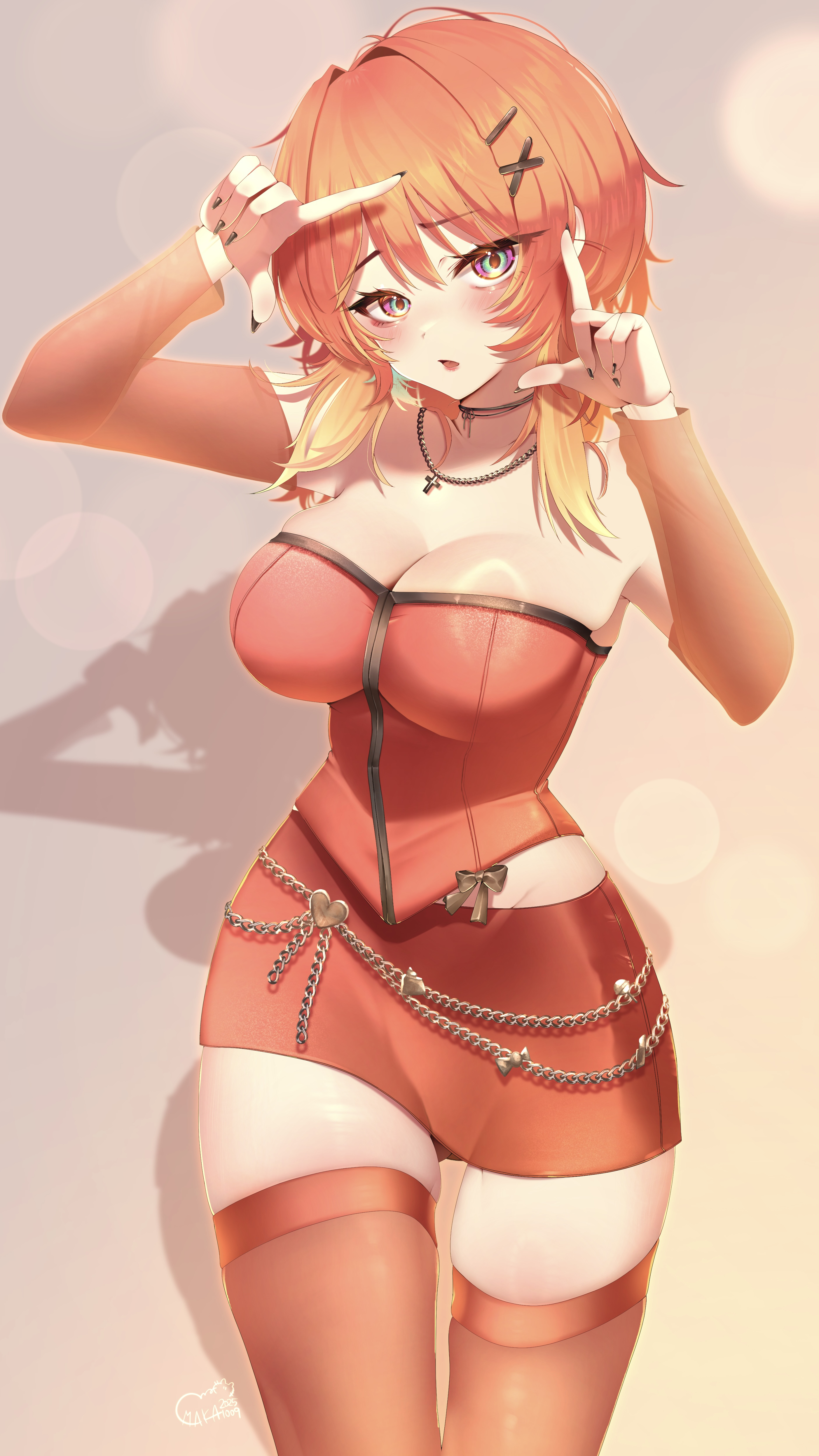 maka aratame, takanashi kiara, hololive, hololive english, absurdres, commentary, highres, 1girl, breasts, bustier, cleavage, cowboy shot, detached sleeves, feathers, finger frame, gluteal fold, green feathers, hair ornament, hairclip, jewelry, large breasts, looking at viewer, medium hair, messy hair, miniskirt, necklace, official alternate costume, official alternate hairstyle, open mouth, orange hair, orange skirt, orange sleeves, orange thighhighs, purple eyes, skirt, solo, thighhighs, virtual youtuber, x hair ornament