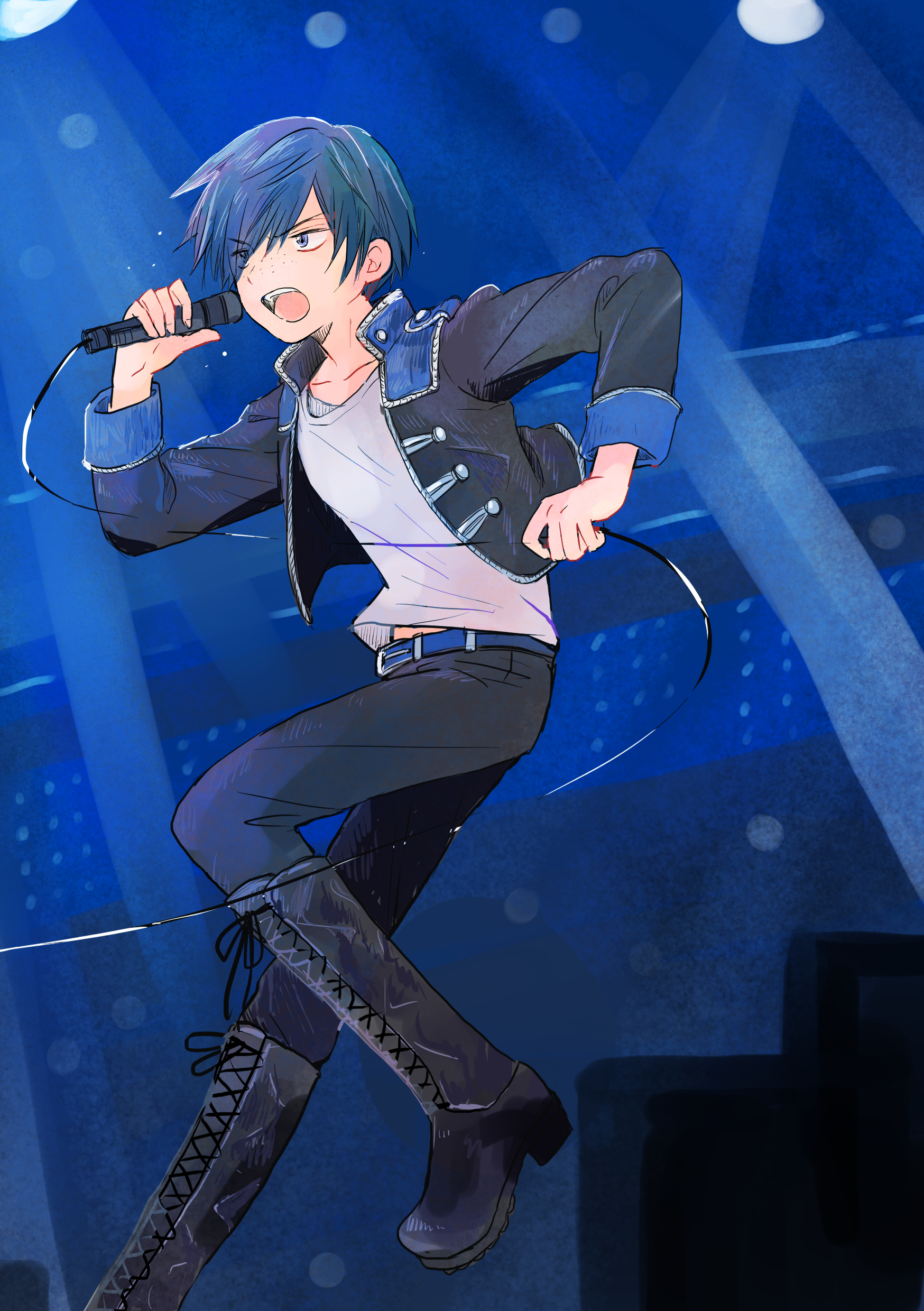 irohauta, kuji toi, sarazanmai, absurdres, highres, 1boy, belt, black boots, black jacket, black pants, blue background, blue belt, boots, collarbone, freckles, hair over one eye, holding, holding microphone, jacket, male focus, microphone, midriff peek, music, open mouth, pants, shirt, singing, solo, white shirt