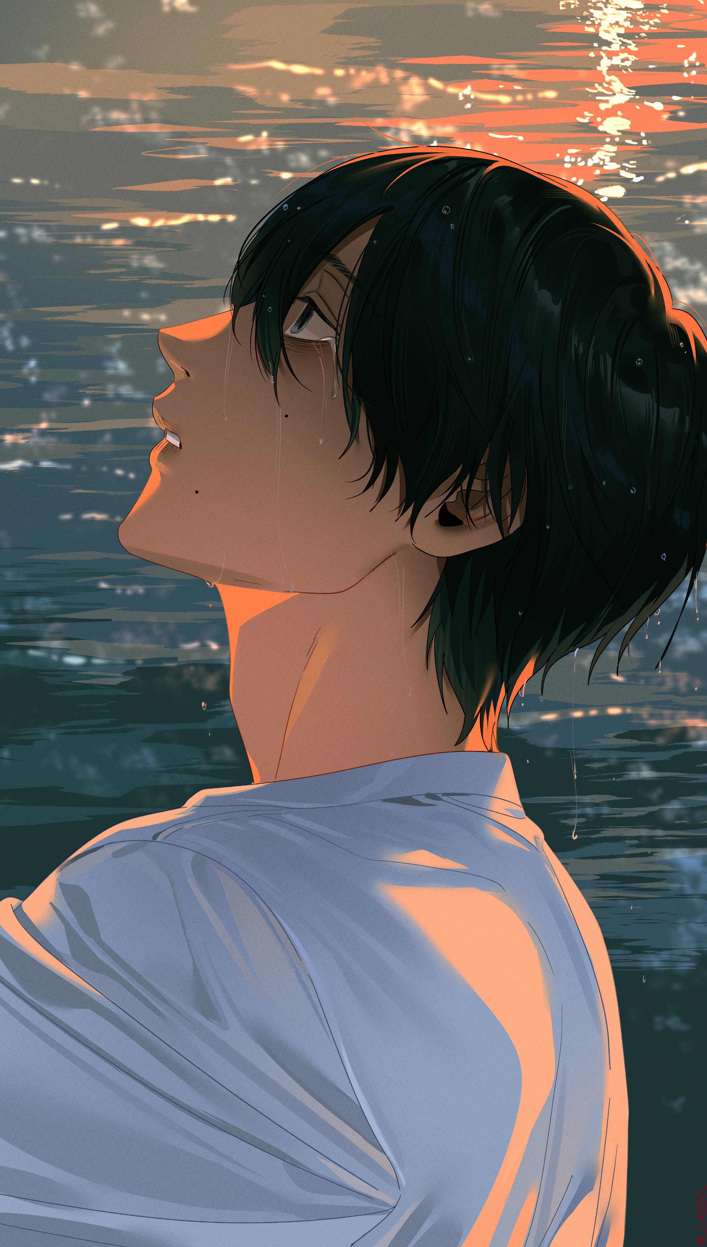 tsujinaka yoshiki, hikaru ga shinda natsu, absurdres, commentary request, highres, korean commentary, 1boy, adam's apple, black hair, blue eyes, crying, crying with eyes open, from side, lasdo, male focus, mole, mole on cheek, mole under mouth, multiple moles, ocean, shirt, short hair, solo, tears, wet, wet hair, white shirt