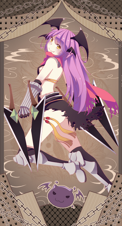 hei-neko, assassin cross (ragnarok online), deviling, ragnarok online, commentary, 1girl, armor, armored boots, back, black gloves, black leotard, black wings, boots, breasts, brown background, chain, closed mouth, dagger, demon wings, dual wielding, fang, fang out, full body, gloves, holding, holding dagger, holding knife, holding weapon, jamadhar, knife, leotard, long hair, looking at viewer, looking to the side, pauldrons, purple hair, red scarf, revealing clothes, scarf, shoulder armor, sideboob, small breasts, smile, solo, torn clothes, torn scarf, vambraces, weapon, wings, yellow eyes