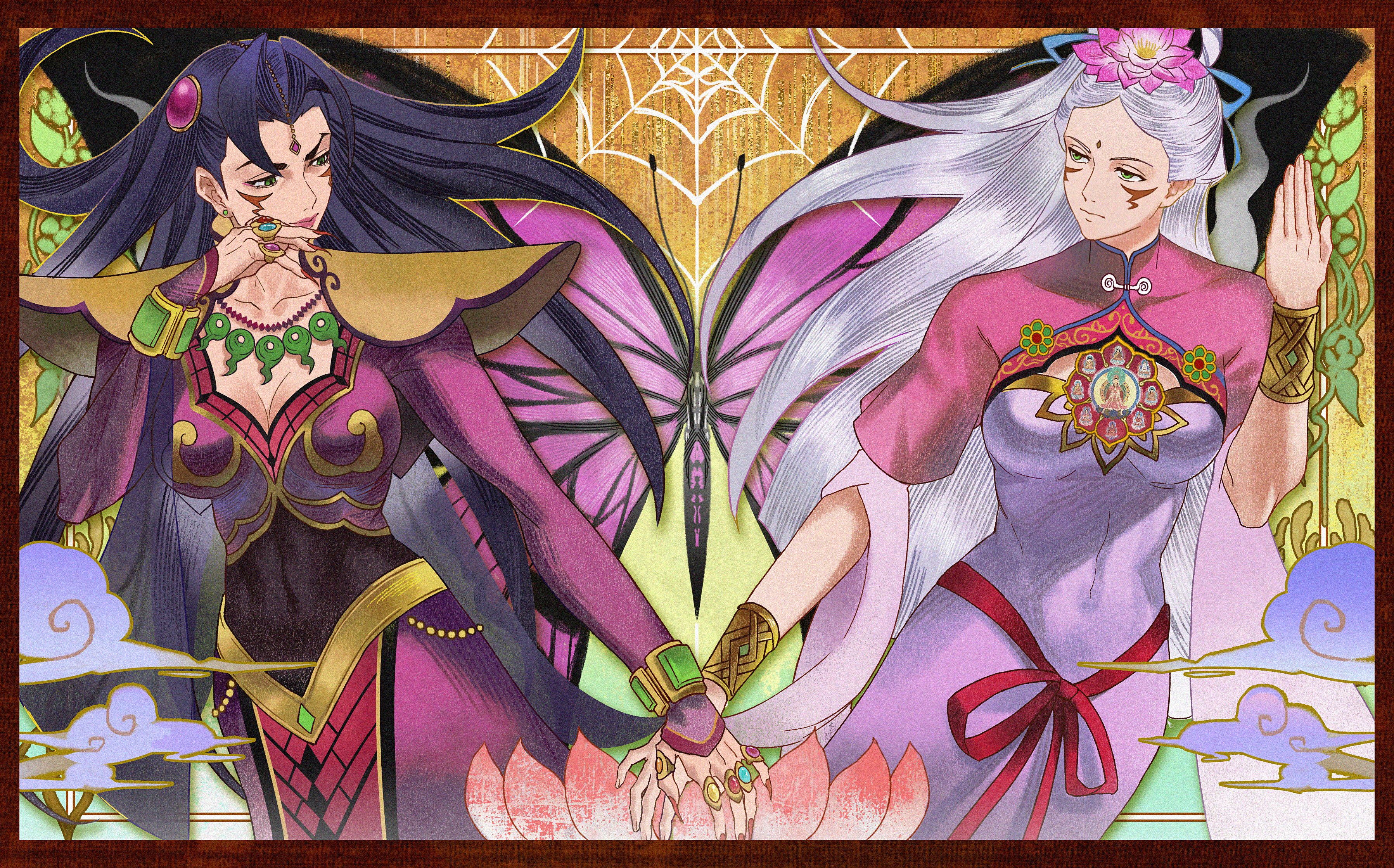 sio2 (whynotkarma), ga'ran sigatar khura'in, ace attorney, phoenix wright: ace attorney – spirit of justice, absurdres, highres, 2girls, amara sigatar khura'in, armor, black hair, blood, bracelet, breasts, bug, butterfly wings, chinese clothes, cleavage, collarbone, covered navel, crescent, dress, earrings, facial mark, fingernails, floating hair, flower, forehead mark, green eyes, hair bun, hair flower, hair ornament, hand up, holding hands, insect wings, jewelry, large breasts, long hair, long sleeves, looking at another, lotus, makeup, multiple girls, nail polish, necklace, pink dress, pointy ears, purple dress, purple hair, ring, silk, smile, spider web, very long hair, white hair, wings, yellow eyes