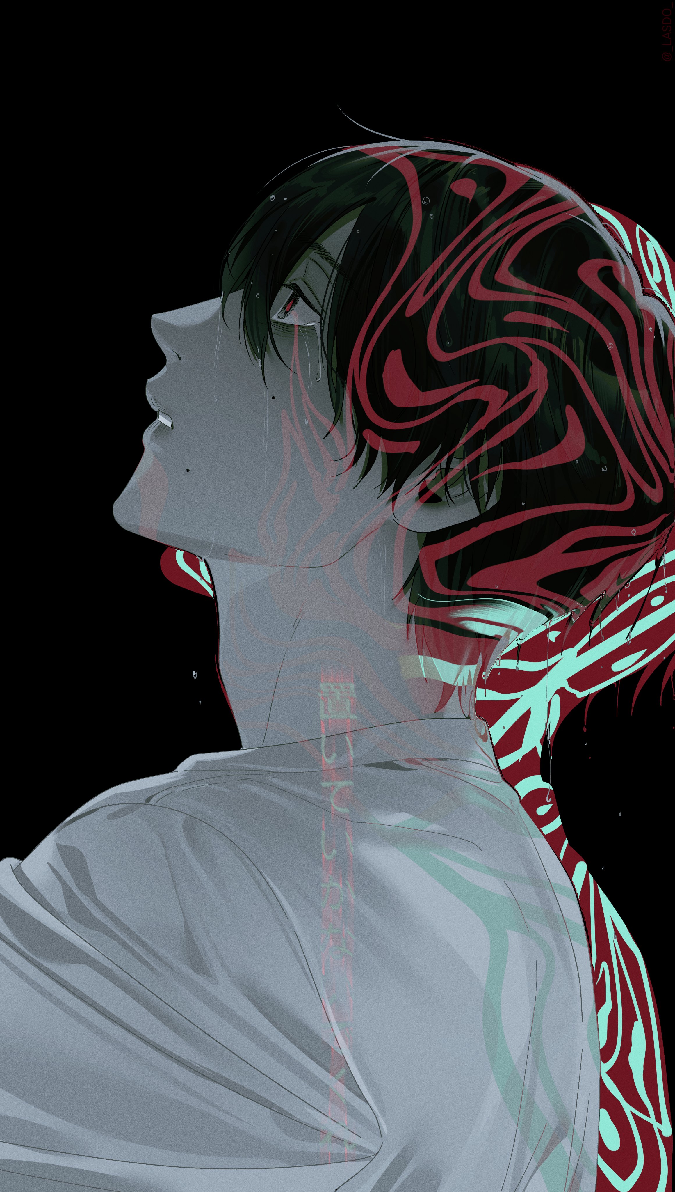 tsujinaka yoshiki, hikaru ga shinda natsu, absurdres, commentary request, highres, korean commentary, translation request, 1boy, black background, black hair, from side, lasdo, male focus, mole, mole on cheek, mole under mouth, multiple moles, red pupils, shirt, short hair, simple background, solo, white shirt