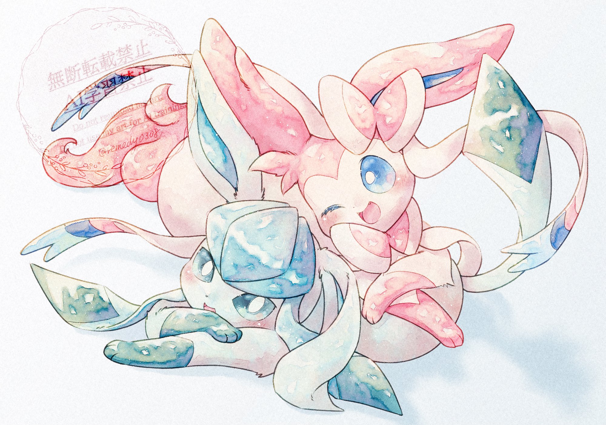 remedy matome, glaceon, sylveon, nintendo, pokemon, highres, :d, animal focus, animal hands, blue background, blue eyes, blue fur, blush, bow, bright pupils, full body, gen 4 pokemon, gen 6 pokemon, looking at viewer, lying, no humans, one eye closed, open mouth, pink fur, pokemon (creature), pokemon focus, ribbon, sidelocks, simple background, smile, two-tone fur, white fur, white pupils