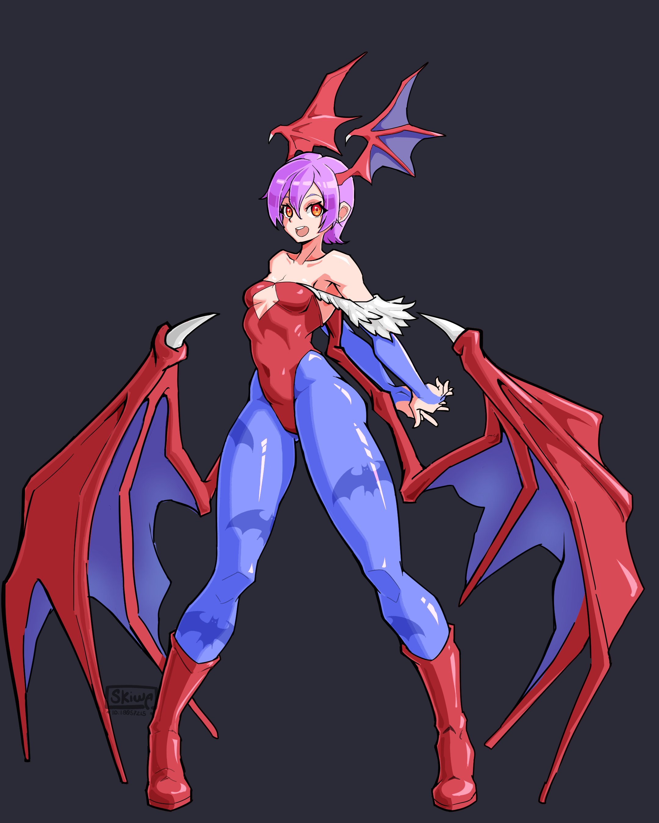 chief (skiwa), lilith (darkstalkers), darkstalkers, absurdres, highres, 1girl, animal print, bare shoulders, bat print, blue pantyhose, boots, breasts, demon girl, demon wings, full body, grey background, head wings, high heel boots, high heels, leotard, pantyhose, print pantyhose, purple hair, red boots, red eyes, red leotard, short hair, simple background, small breasts, solo, wings