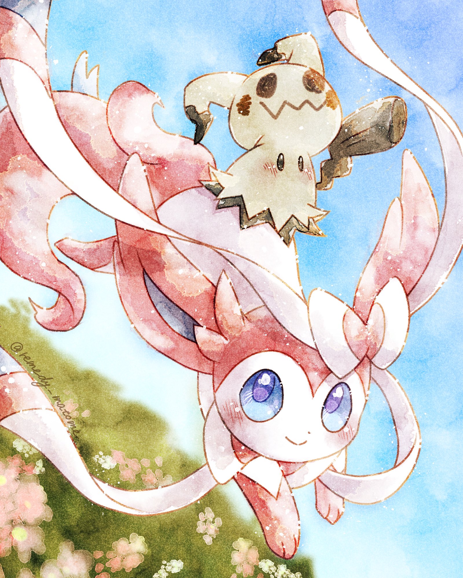 remedy matome, mimikyu, sylveon, nintendo, pokemon, highres, :>, animal focus, animal hands, blue sclera, blush, bow, closed mouth, colored sclera, flower, full body, gen 6 pokemon, gen 7 pokemon, jumping, looking at viewer, no humans, outdoors, pink flower, pink fur, pokemon (creature), pokemon focus, purple eyes, ribbon, simple background, smile, two-tone fur, white fur