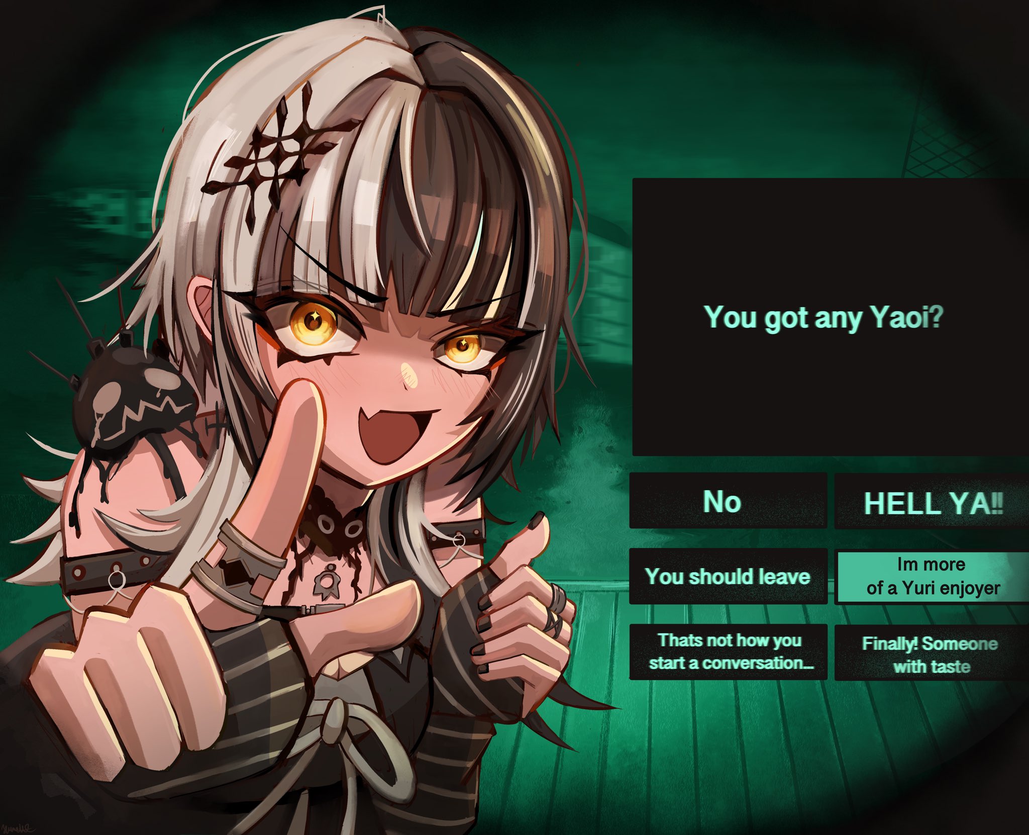 yume (yume ato29), shiori novella, shiori novella (1st costume), yorick (shiori novella), hololive, hololive english, no i'm not a human, commentary, english commentary, highres, 1girl, arm strap, black choker, black dress, black hair, black nails, choker, dialogue options, dress, english text, fang, grey hair, grey ribbon, jewelry, long hair, looking at viewer, multicolored hair, open mouth, porch, pov peephole, ribbon, ring, skin fang, solo, split-color hair, striped arm warmers, two-tone hair, virtual youtuber, wooden porch, yellow eyes