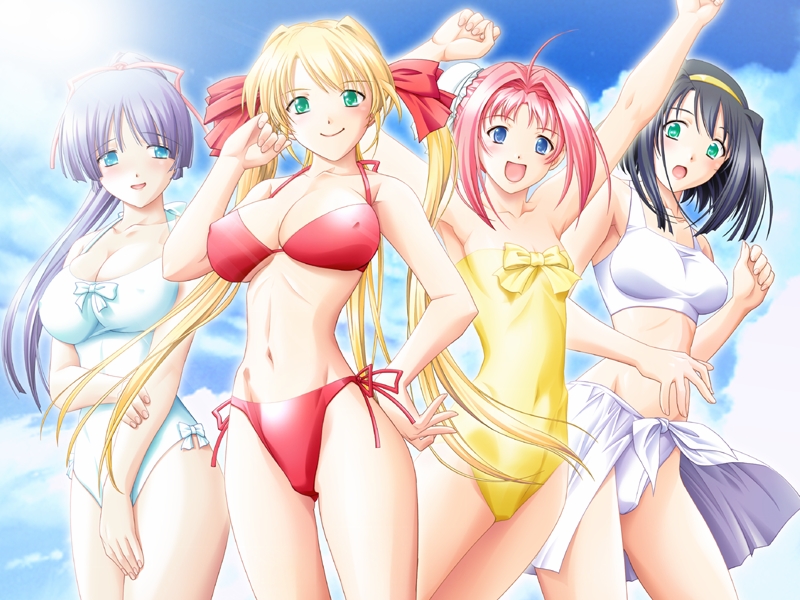 ribahara aki, akehime mayu, akehime saki, akiyama miku, morisaki ayame, ail soft, kyouhaku 2, light purple hair, game cg, non-web source, 4girls, :o, aqua eyes, armpits, arms up, bikini, black hair, blonde hair, blue eyes, blush, breasts, bun cover, cleavage, covered erect nipples, day, double bun, flat chest, green eyes, hair ribbon, hand on own hip, hip focus, large breasts, long hair, multiple girls, one-piece swimsuit, pink hair, ponytail, purple hair, ribbon, sarong, short hair, side-tie bikini bottom, smile, swimsuit, twintails, white bikini, white one-piece swimsuit