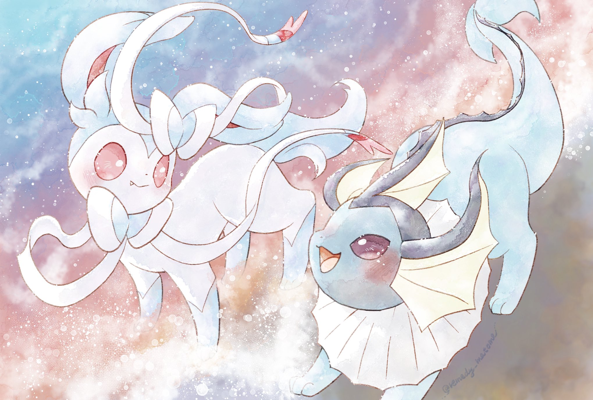 remedy matome, sylveon, vaporeon, nintendo, pokemon, highres, :>, alternate color, animal focus, animal hands, beach, blue fur, blush, bow, cetacean tail, fang, fins, fish tail, full body, gen 1 pokemon, gen 6 pokemon, head fins, looking at another, no humans, open mouth, pink eyes, pokemon (creature), pokemon focus, purple eyes, ribbon, shiny pokemon, standing, tail, two-tone fur, water, white fur