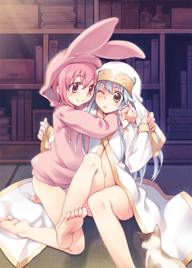 inato serere, index (toaru majutsu no index), sphinx (to aru majutsu no index), sphinx (toaru majutsu no index), tsukuyomi komoe, toaru majutsu no index, 00s, 2girls, animal costume, bare shoulders, barefoot, blue hair, blush, bottomless, calico (pattern), calico cat, cat, feet, hood, hoodie, hug, kneeling, loli, multiple girls, naked hoodie, pink hair, rabbit costume, smile