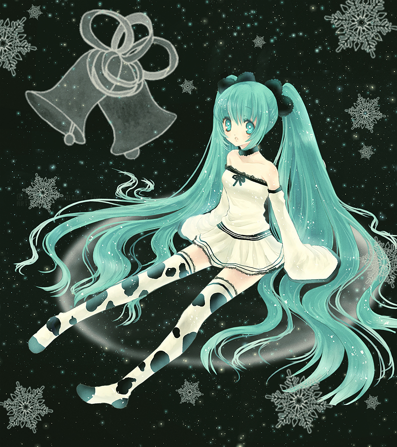 kotone ichihana, shinobi (artist), hatsune miku, vocaloid, bad id, bad pixiv id, aqua eyes, aqua hair, detached sleeves, dress, green hair, long hair, sitting, snowflakes, solo, thighhighs, twintails, very long hair