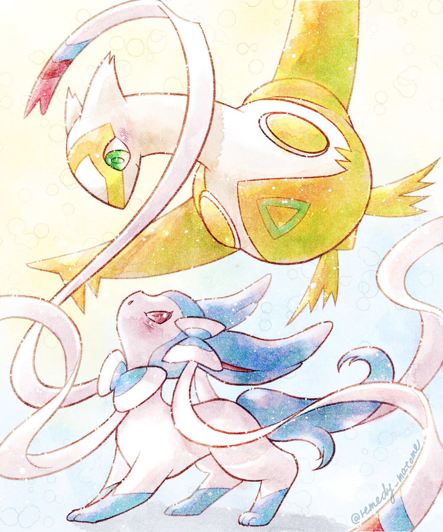 remedy matome, latias, sylveon, nintendo, pokemon, highres, :o, alternate color, animal focus, animal hands, blue fur, blush, bow, claws, closed mouth, dragon, flying, full body, gen 3 pokemon, gen 6 pokemon, green eyes, legendary pokemon, looking at another, no humans, open mouth, pink eyes, pokemon (creature), pokemon focus, ribbon, shiny pokemon, simple background, standing, two-tone fur, white fur, yellow background