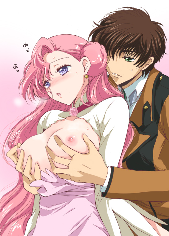 akina tsukako, euphemia li britannia, kururugi suzaku, code geass, 00s, 1boy, 1girl, blush, breasts, donut hair bun, dress, grabbing another's breast, groping, hair bun, hetero, long hair, nipple rub, nipple stimulation, nipples, pink hair, purple eyes