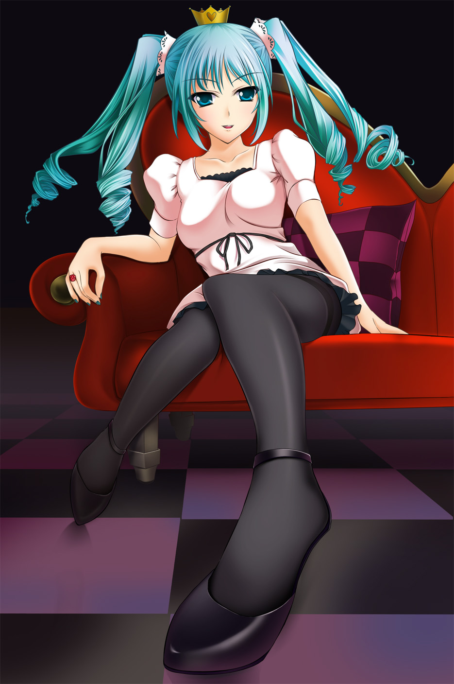 saxasa kisuk, hatsune miku, vocaloid, world is mine (vocaloid), highres, 1girl, aqua eyes, aqua hair, aqua nails, chair, crown, drill hair, female focus, high heels, jewelry, nail polish, pantyhose, ring, shoes, sitting, solo, twintails