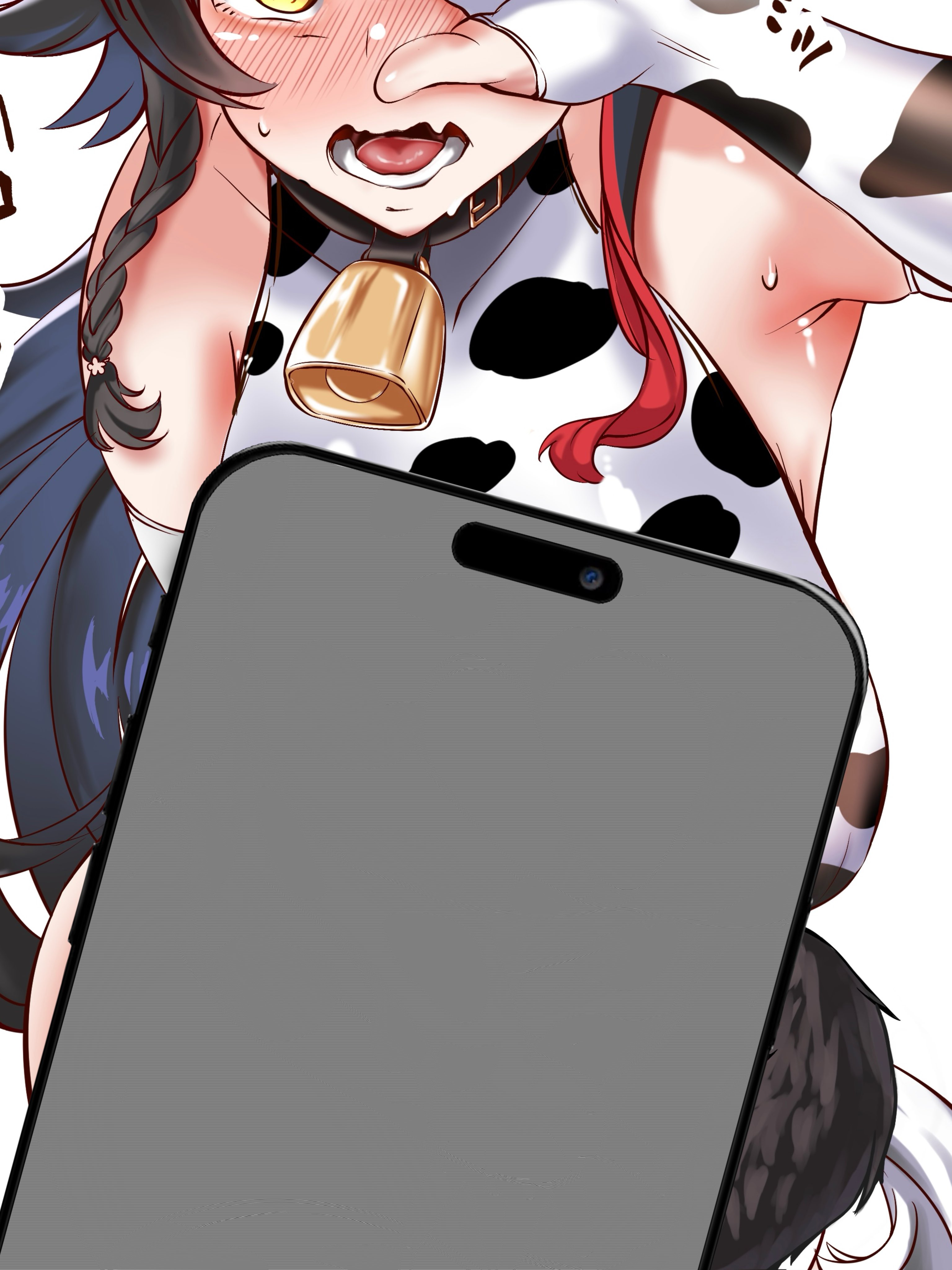 chanwara 06, ookami mio, hololive, absurdres, highres, paid reward available, 1girl, animal collar, animal print, armpits, asymmetrical sidelocks, bare shoulders, bell, black collar, black hair, blush, braid, braided sidelock, breasts, collar, covering face, cow print, cow print gloves, cowbell, curvy, elbow gloves, embarrassed, eyes out of frame, fingerless gloves, full-face blush, gloves, halter shirt, halterneck, head out of frame, large breasts, long hair, looking at viewer, multicolored hair, neck bell, open mouth, print gloves, red hair, red streaks, side braid, sidelocks, simple background, single hair streak, solo, spiked hair, sweat, tail, very long hair, very sweaty, virtual youtuber, wavy mouth, white background, wolf tail, yellow eyes