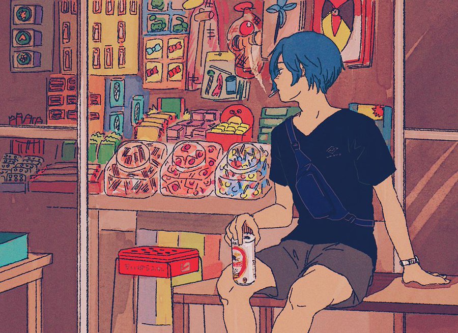 kuji toi, sarazanmai, 1boy, adam's apple, arm support, bench, black shirt, blue hair, can, candy, cigarette, food, freckles, grey shorts, holding, holding can, kendama, kohakodamanoko, looking to the side, male focus, shirt, shop, shorts, sitting, smoking, solo