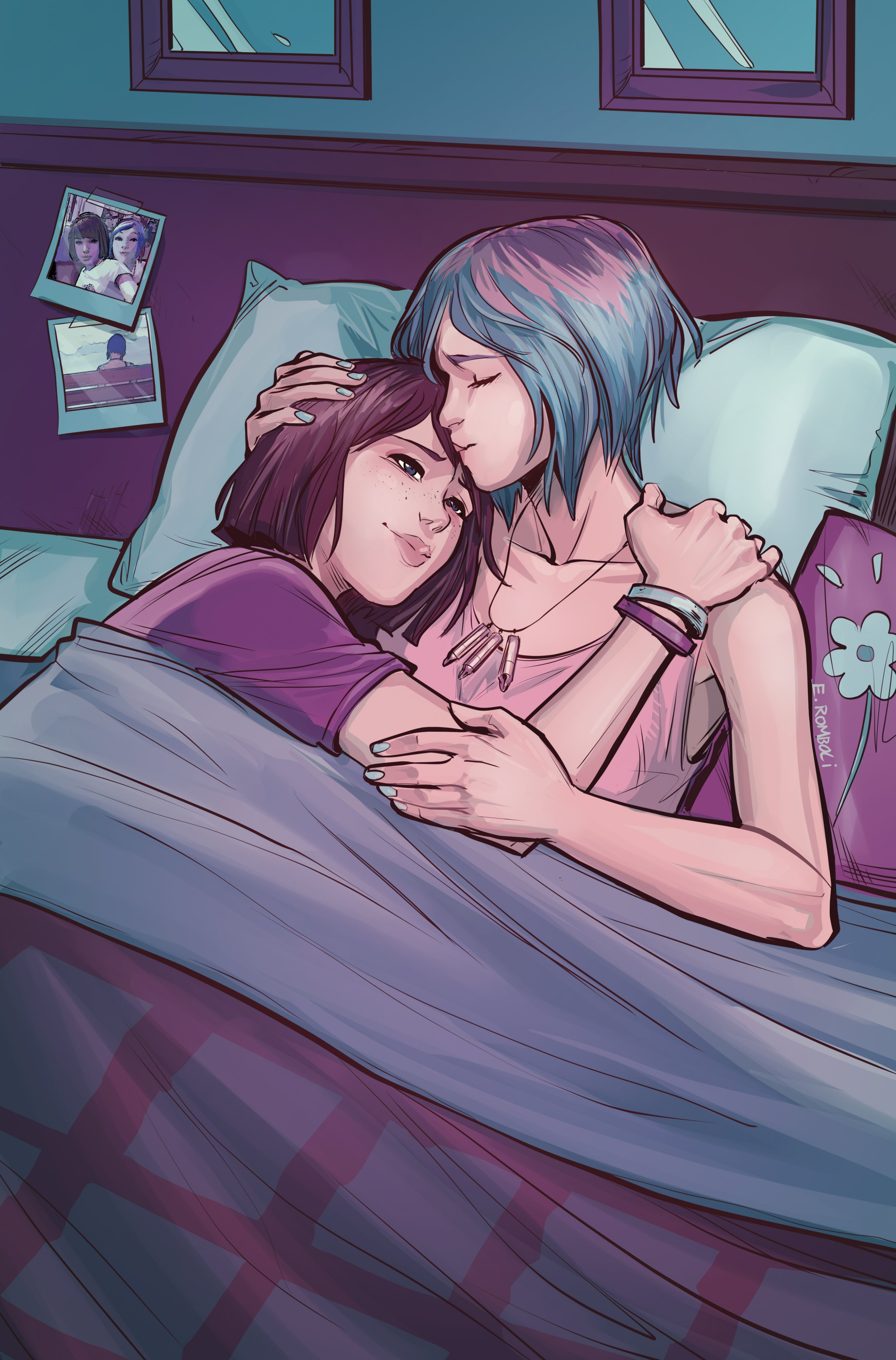 afterlaughs, chloe price, max caulfield, life is strange (series), life is strange 1, absurdres, highres, 2girls, bedroom, blue hair, blue nails, bracelet, brown hair, closed eyes, indoors, jewelry, multiple girls, necklace, on bed, pillow, pink tank top, polaroid photo, purple shirt, shirt, short sleeves, tank top