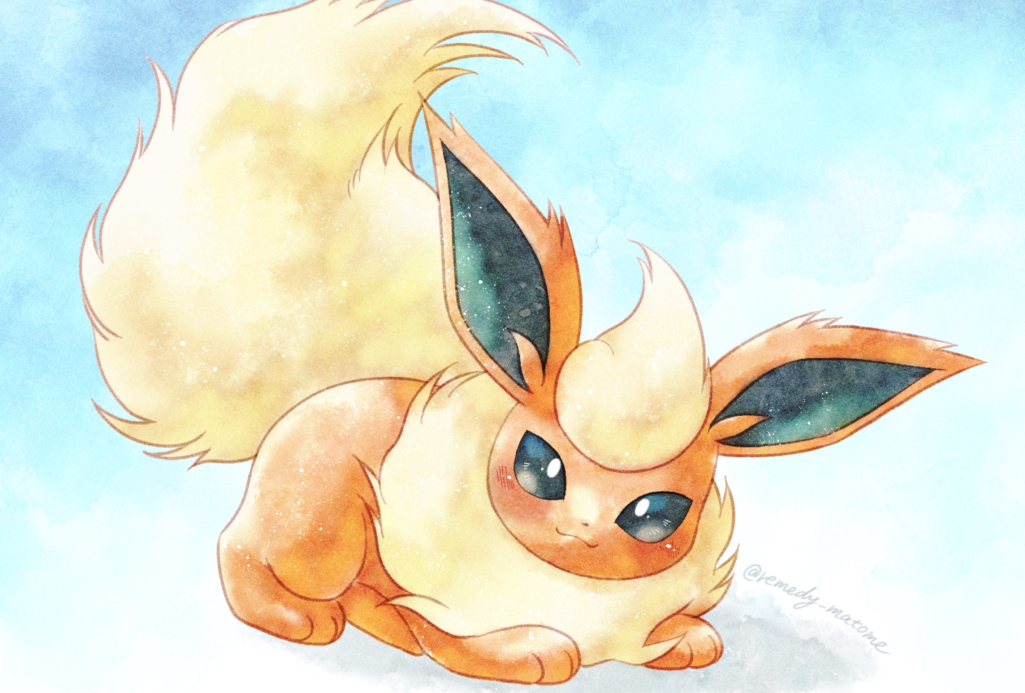 remedy matome, flareon, nintendo, pokemon, highres, :3, animal focus, animal hands, black eyes, blue background, closed mouth, fluffy, full body, gen 1 pokemon, looking at viewer, lying, neck fur, no humans, orange fur, pokemon (creature), pokemon focus, simple background, smile, solo, yellow fur