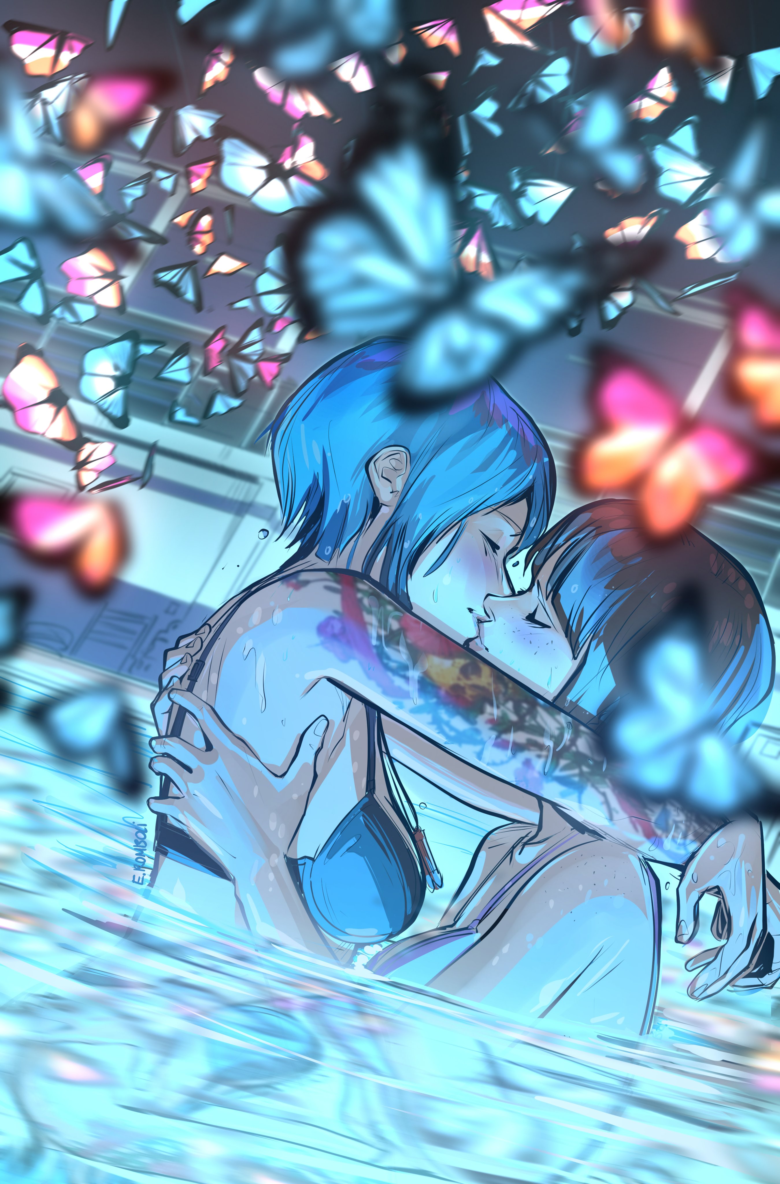 afterlaughs, chloe price, max caulfield, life is strange (series), life is strange 1, absurdres, highres, 2girls, arm tattoo, black bra, blue butterfly, bra, breasts, bug, butterfly, french kiss, insect, kiss, multiple girls, pool, small breasts, tattoo, underwear, water, yuri