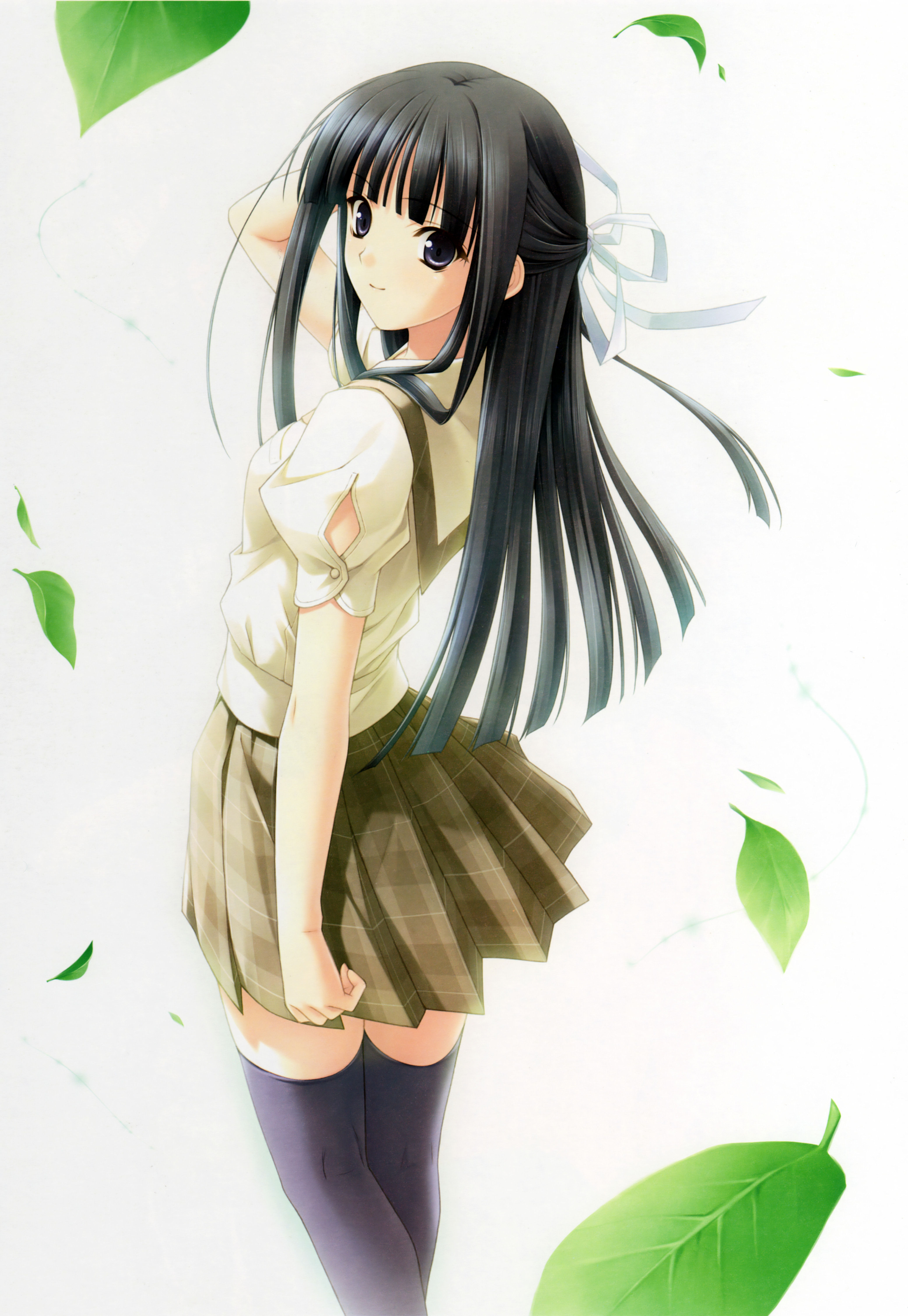 suzuhira hiro, migiwa kazuha, yosuga no sora, absurdres, highres, scan, 1girl, black hair, female focus, half updo, leaf, long hair, looking back, pleated skirt, purple eyes, school uniform, skirt, solo, thighhighs, zettai ryouiki