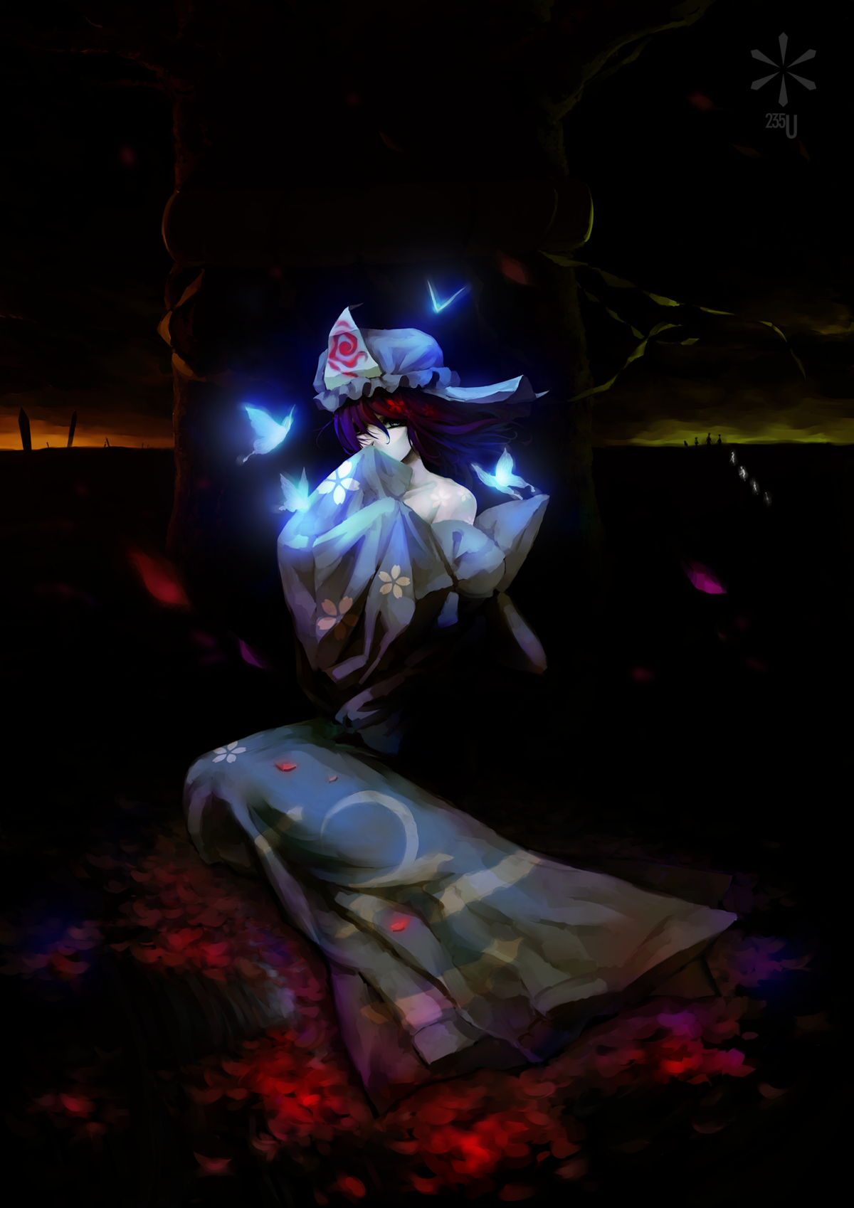 s.advent, saigyouji yuyuko, touhou, highres, 1girl, bare shoulders, bug, butterfly, dark, dress, female focus, hat, insect, petals, pink hair, sitting, solo
