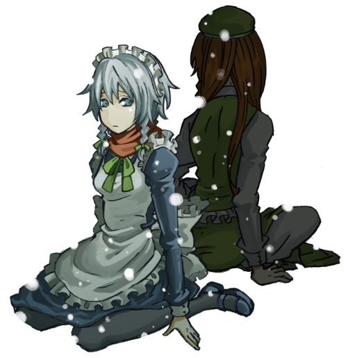 charin, hong meiling, izayoi sakuya, embodiment of scarlet devil, touhou, silver hair, bad id, bad pixiv id, 2girls, blue eyes, female focus, hairband, long hair, maid, multiple girls, pantyhose, red hair, ribbon, short hair, snow, white background