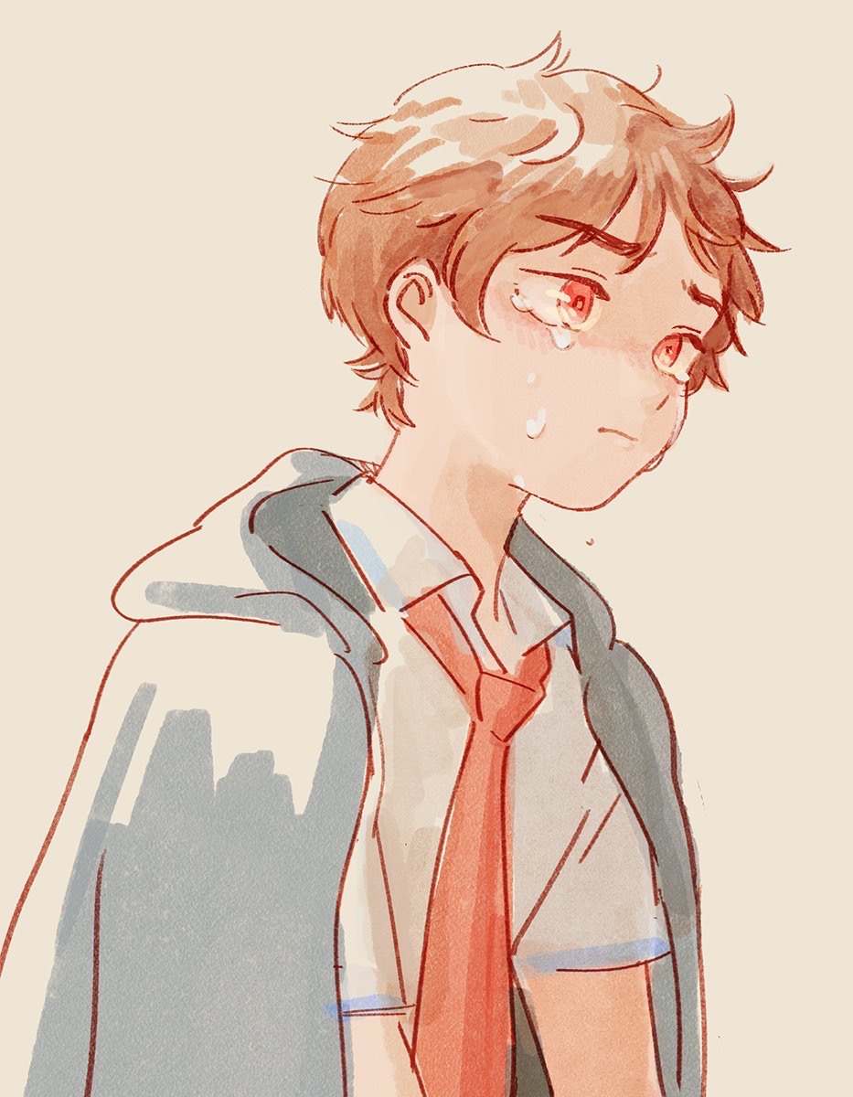 yasaka kazuki, sarazanmai, highres, 1boy, blush, closed mouth, collared shirt, hood, hood down, jacket, jacket on shoulders, kohakodamanoko, male focus, necktie, red eyes, red necktie, sad, shirt, short hair, simple background, solo, tears, white shirt