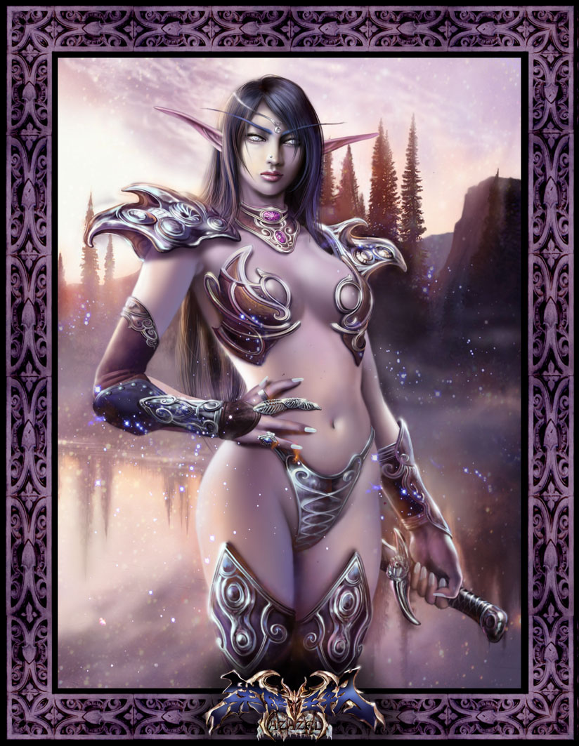 azazel1944, night elf (warcraft), warcraft, world of warcraft, framed, armor, armpits, bikini armor, breasts, claw ring, cleavage, elf, gauntlets, gloves, grey eyes, grey hair, groin, hand on own hip, impossible clothes, jewelry, looking at viewer, navel, nose piercing, panties, pauldrons, piercing, pointy ears, purple skin, ring, sword, thighs, underwear, weapon