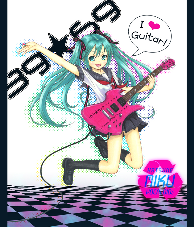 gotou hisashi, hatsune miku, vocaloid, bad id, bad pixiv id, aqua eyes, aqua hair, guitar, hair ribbon, halftone, halftone outline, instrument, kneehighs, legs, long hair, outline, ribbon, school uniform, skirt, socks, solo, twintails