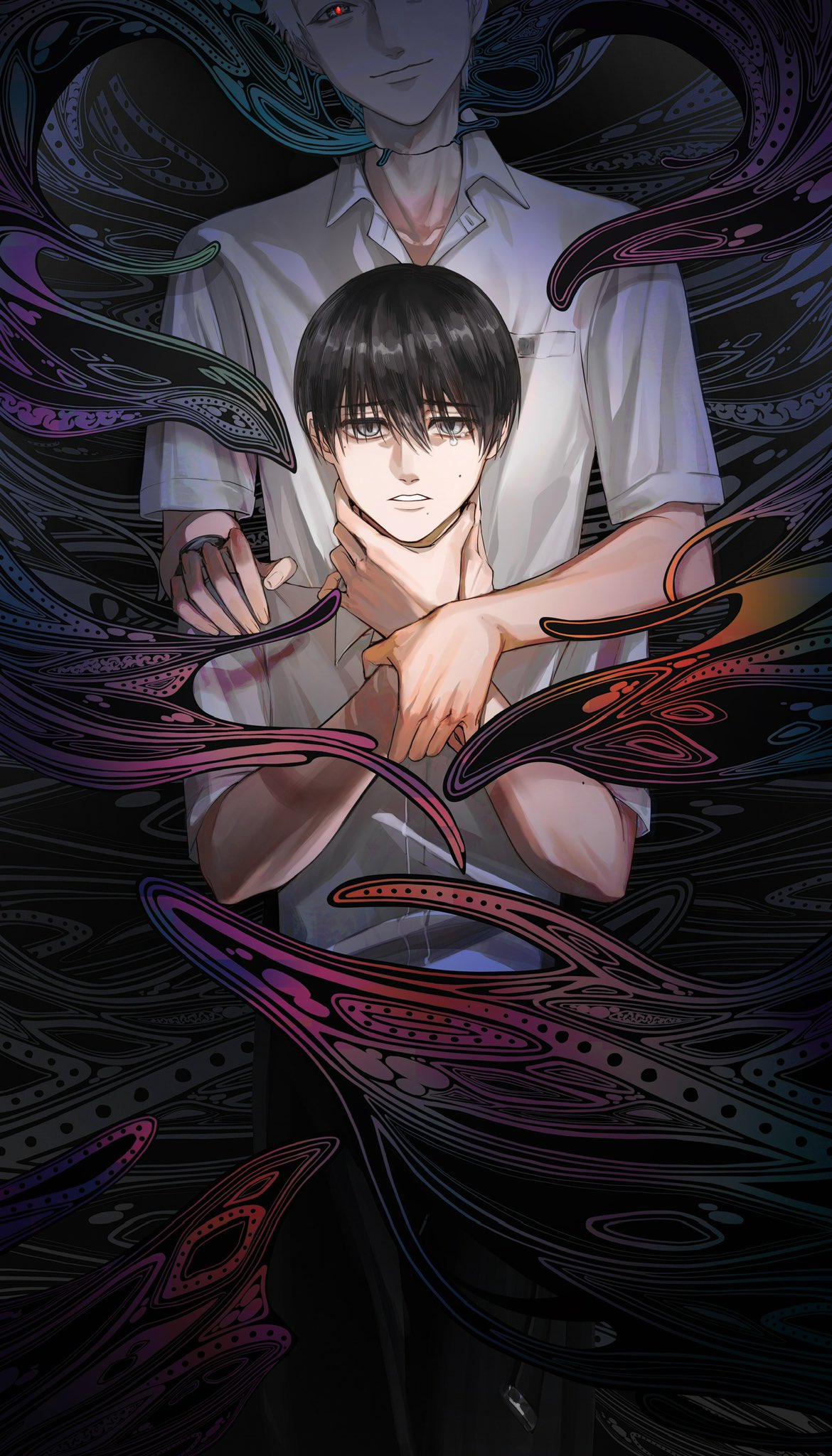 longye, indou hikaru, tsujinaka yoshiki, hikaru ga shinda natsu, commentary request, highres, 2boys, black hair, body horror, collared shirt, cowboy shot, evil smile, fingernails, hand on another's shoulder, hands on own neck, large hands, looking at viewer, male focus, mole, mole on cheek, mole under mouth, multiple boys, multiple moles, pocket, red pupils, shirt, short hair, smile, tears, watch, white hair, white shirt, wristwatch