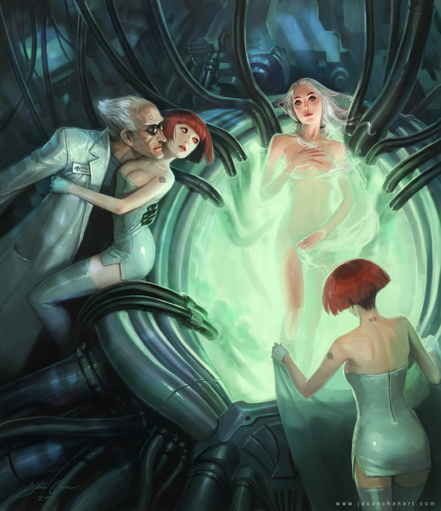 jason chan, birth of venus, tagme, fine art parody, gloves, glowing, goggles, lab coat, long hair, machine, nude, parody, pool, red hair, science fiction, scientist, tattoo, water, watermark, white hair