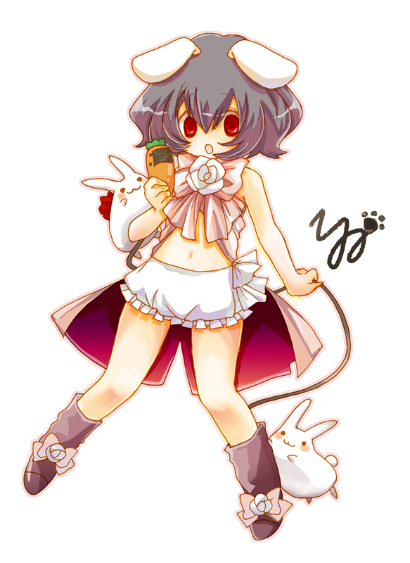 inaba tewi, touhou, 1girl, :3, :o, alternate costume, animal ears, bloomers, blush, boots, carrot, floppy ears, flower, full body, grey boots, grey hair, holding, holding microphone, looking at viewer, microphone, midriff, natsume hassaku, navel, open mouth, rabbit, rabbit ears, rabbit girl, red eyes, rose, short hair, simple background, solo, underwear, white background, white bloomers, white flower, white rose