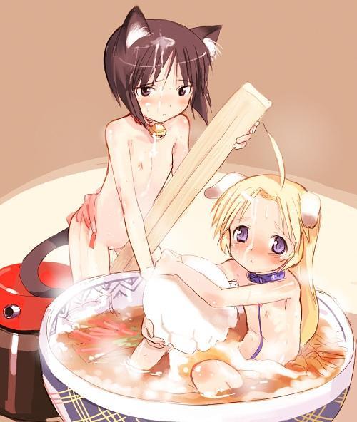 shimada fumikane, kashiwagi hatsune, kashiwagi kaede, kizuato, jpeg artifacts, 2girls, ahoge, animal ears, bdsm, bell, blonde hair, blue eyes, bowl, brown eyes, brown hair, cat ears, cat tail, chopsticks, collar, cum, cum on food, cup, dog ears, flat chest, food, half-split chopsticks, in container, in cup, in food, leash, loli, long hair, mini person, minigirl, multiple girls, neck bell, nipples, noodles, nude, ramen, short hair, slave, tail