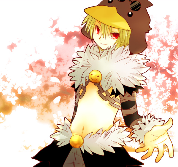 shadow chaser (ragnarok online), ragnarok online, commentary request, 1boy, black cape, blonde hair, brown pants, cape, chain, closed mouth, fur collar, hat, looking at viewer, male focus, natsume hassaku, navel, pants, penguin hat, pink background, red eyes, short hair, shrug (clothing), smile, solo, upper body, waist cape