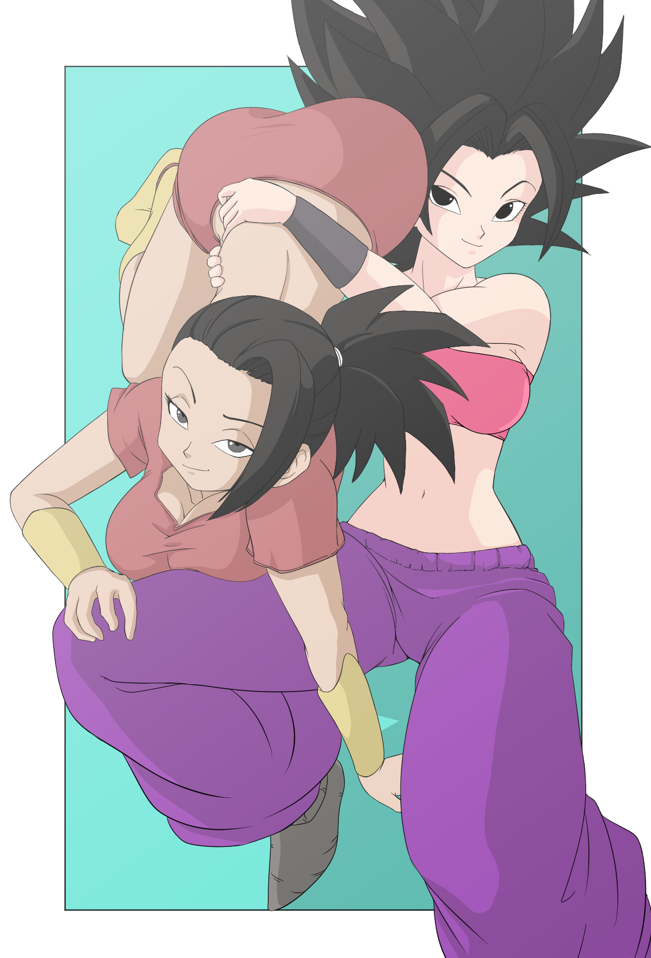 caisamax, caulifla, kale (dragon ball), dragon ball, dragon ball super, highres, bare shoulders, black hair, boots, bracelet, breasts, carrying, carrying person, jewelry, large breasts, long hair, looking at viewer, midriff, miniskirt, pants, ponytail, purple pants, red skirt, simple background, skirt, smile, strapless