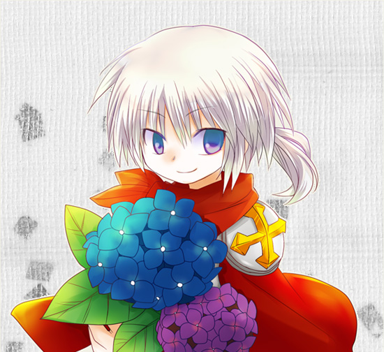 rune knight (ragnarok online), ragnarok online, commentary request, 1boy, armor, blue eyes, blue flower, cape, closed mouth, cross, flower, grey background, hydrangea, looking at viewer, low ponytail, male focus, natsume hassaku, pauldrons, ponytail, purple flower, red cape, short hair, shoulder armor, smile, solo, upper body, white hair