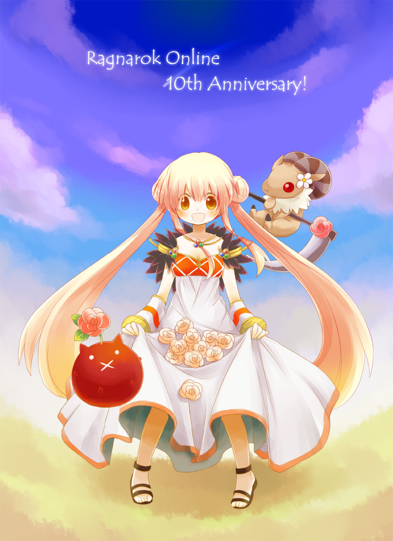baphomet jr, deviruchi, sorcerer (ragnarok online), ragnarok online, commentary request, 1girl, :d, anniversary, bangle, black sandals, blue sky, blush, bracelet, cloud, copyright name, detached sleeves, double bun, dress, flower, full body, hair bun, jewelry, long hair, looking at viewer, natsume hassaku, open mouth, pink hair, rose, sandals, skirt basket, sky, sleeveless, sleeveless dress, smile, solo, standing, twintails, white dress, white flower, white rose, white sleeves, yellow eyes