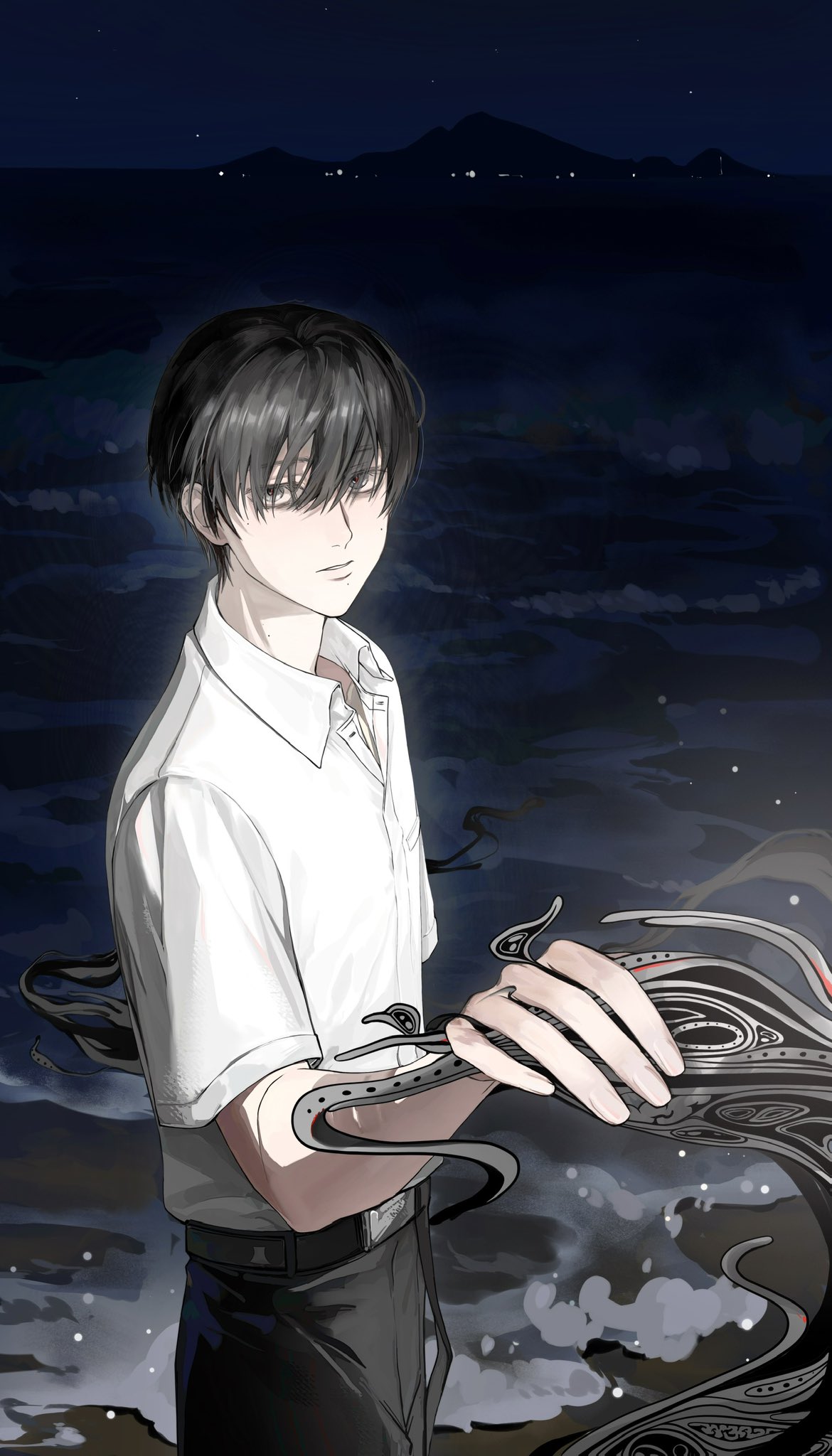 longye, tsujinaka yoshiki, hikaru ga shinda natsu, commentary request, highres, 1boy, bags under eyes, beach, belt, black belt, black hair, black pants, collared shirt, cowboy shot, hair between eyes, looking at viewer, male focus, mole, mole on cheek, mole on neck, mole under eye, mole under mouth, multiple moles, night, ocean, pants, pocket, shirt, shirt tucked in, short hair, short sleeves, sky, solo, white shirt