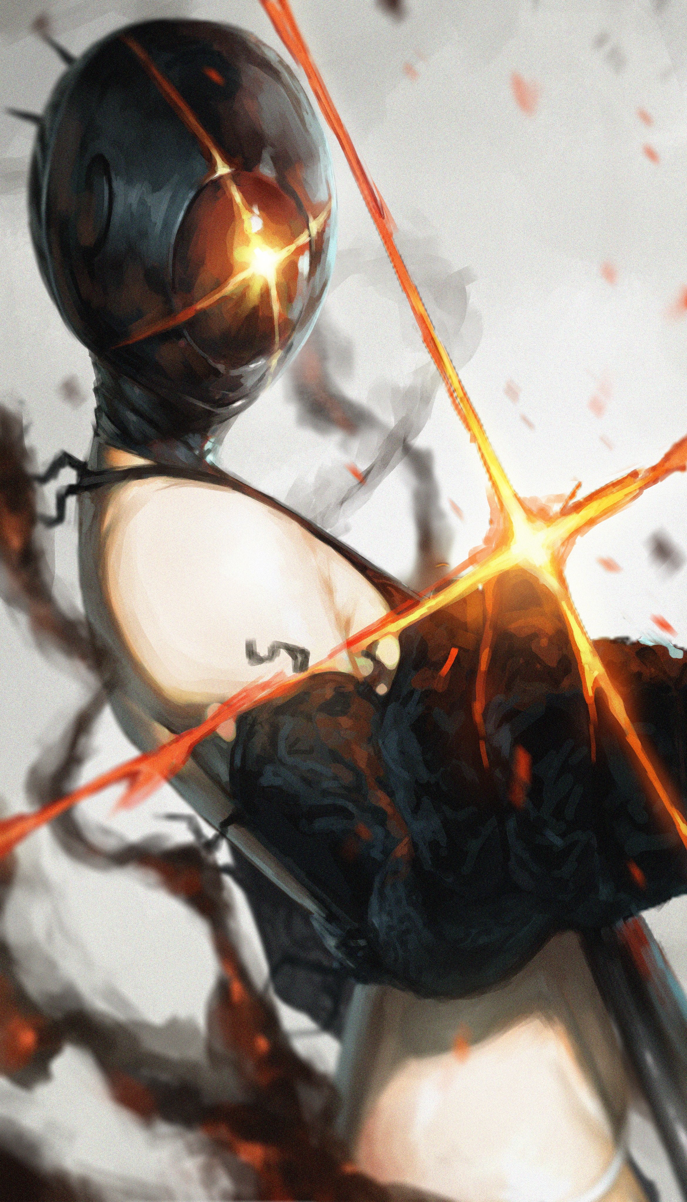 niri (eunhaha02), bomb devil (chainsaw man), chainsaw man, absurdres, highres, 1girl, apron, black apron, black gloves, elbow gloves, gloves, grey background, imminent attack, object head, panties, smoke, solo, underwear, white panties