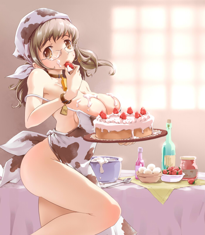 moupii (hitsuji no ki), original, messy, 1girl, animal print, apron, bell, bottle, bowl, breasts, brown eyes, brown hair, cake, cleavage, collar, cow print, eating, egg, female focus, food, fruit, glasses, large breasts, naked apron, neck bell, pastry, solo, spoon, strawberry