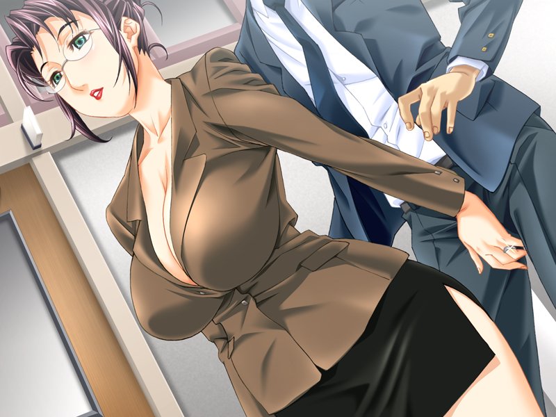 miura takehiro, omegat, kuramochi yoshimi, gibo to oba, game cg, source request, 1girl, blazer, breasts, business suit, cleavage, crotch grab, fingernails, formal clothes, glasses, green eyes, huge breasts, jacket, jewelry, lipstick, makeup, mature female, pencil skirt, purple hair, ring, skirt, skirt suit, solo focus, suit, teacher, thighhighs, wedding band, wedding ring