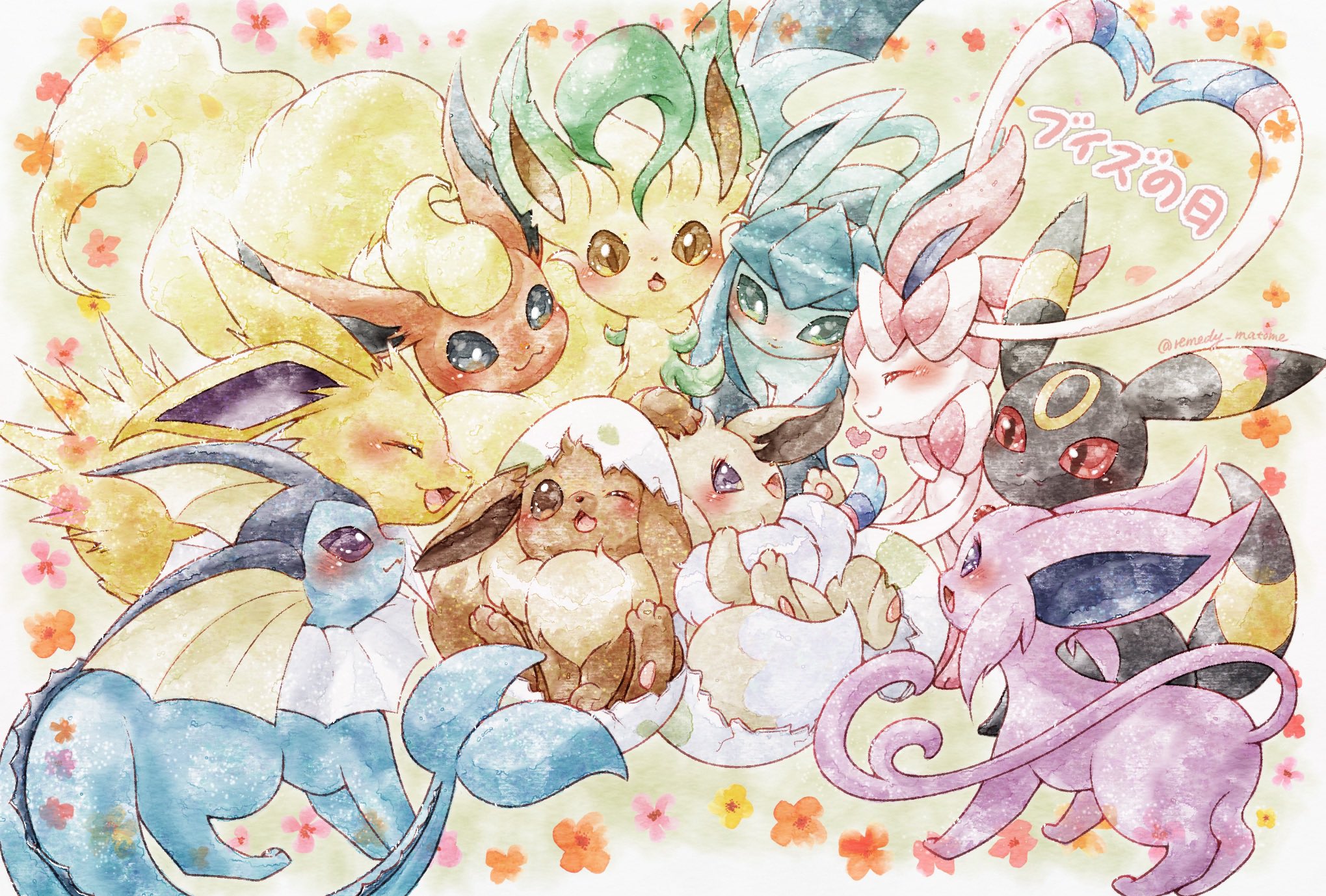 remedy matome, eevee, espeon, flareon, glaceon, jolteon, leafeon, sylveon, umbreon, vaporeon, nintendo, pokemon, highres, :3, alternate color, animal focus, animal hands, black eyes, black fur, blue eyes, blue fur, bow, brown eyes, brown fur, closed eyes, egg, facial mark, fins, fish tail, floral border, flower, fluffy, forehead jewel, forehead mark, full body, gen 1 pokemon, gen 2 pokemon, gen 4 pokemon, gen 6 pokemon, green fur, head fins, leaf, looking at another, neck fur, no humans, open mouth, orange flower, orange fur, pink flower, pink fur, pokemon (creature), pokemon egg, purple eyes, purple fur, red eyes, ribbon, shiny and normal, shiny pokemon, sidelocks, simple background, spiked tail, standing, tail, white fur, yellow background, yellow flower, yellow fur