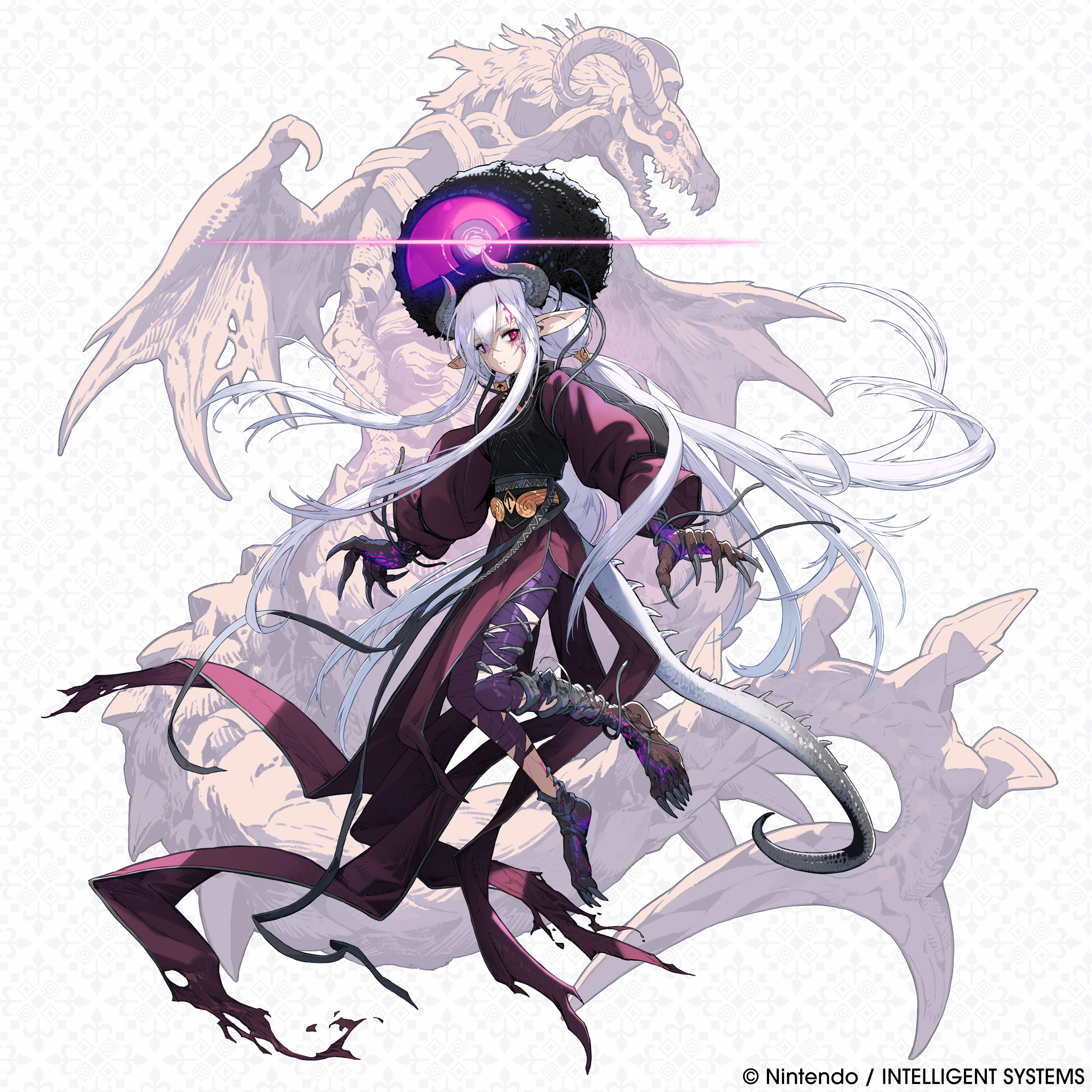 fire emblem, fire emblem shadows, nintendo, absurdres, commentary, english commentary, highres, 1girl, alternate form, dark persona, dragon, dragon girl, dragon horns, dragon tail, dragon wings, full body, hat, horns, long hair, long sidelocks, official alternate hair color, official alternate hairstyle, pointy ears, red eyes, shea (fire emblem), sidelocks, solo, tail, very long hair, very long sidelocks, white hair, wings