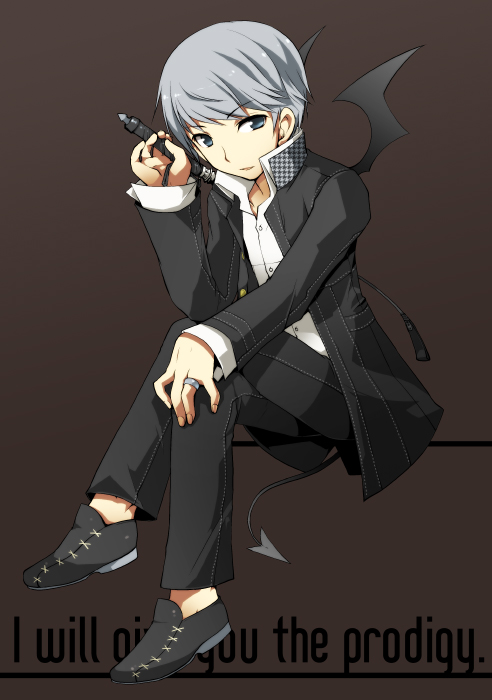 kamiyoshi rika, narukami yu, atlus, persona, persona 4, bad id, bad pixiv id, 1boy, bat wings, child, demon boy, demon tail, demon wings, male focus, solo, tail, wings