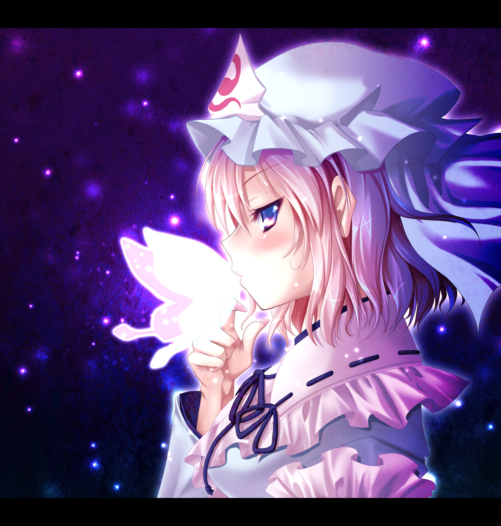 alto seneka, saigyouji yuyuko, touhou, 1girl, animal, blue eyes, bug, butterfly, female focus, fingernails, hat, insect, kiss, kissing animal, letterboxed, long fingernails, nail polish, pink hair, pink nails, profile, ribbon, short hair, solo, upper body