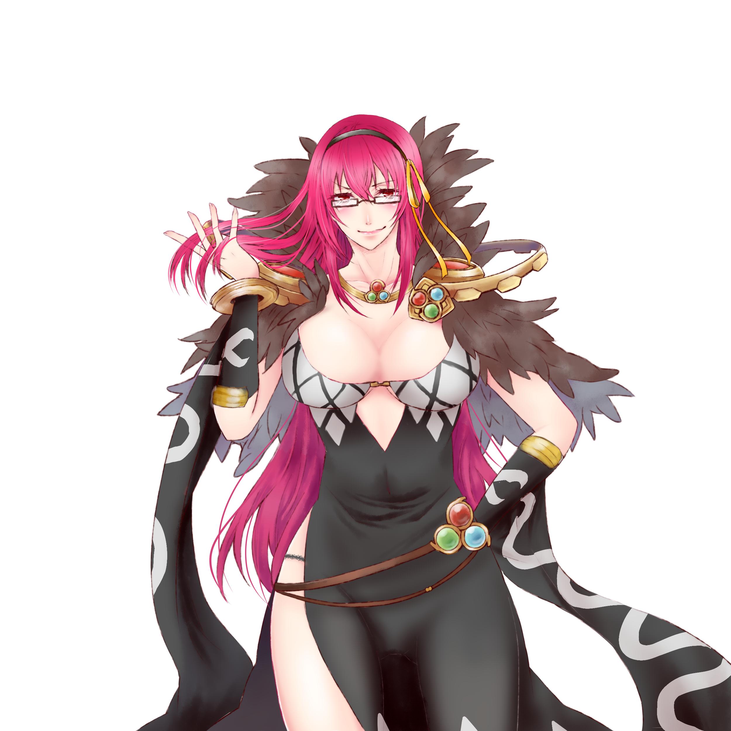 sorcerer (ragnarok online), ragnarok online, absurdres, commentary request, highres, 1girl, argyle clothes, argyle dress, arm behind back, belt, black-framed eyewear, black dress, black hairband, black sleeves, blush, breasts, brown belt, closed mouth, cowboy shot, detached sleeves, dress, fujita (fuzuneko), fur collar, glasses, hairband, hand in own hair, large breasts, long hair, looking at viewer, pink hair, red eyes, simple background, sleeveless, sleeveless dress, smile, solo, very long hair, white background